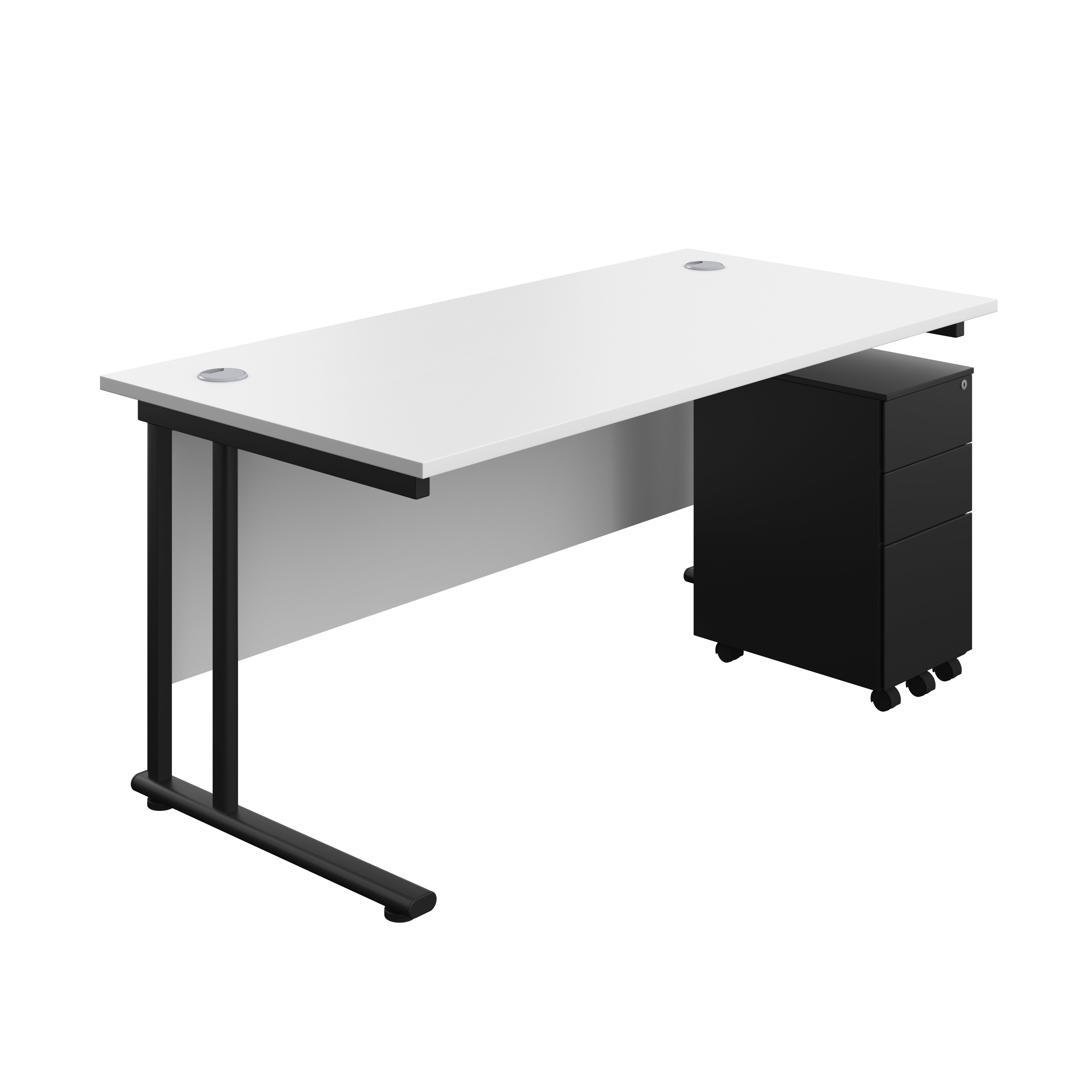Twin Upright Rectangular Desk + Slimline Steel Pedestal 3 Drawers (FSC) | 1600X800 | White/Black