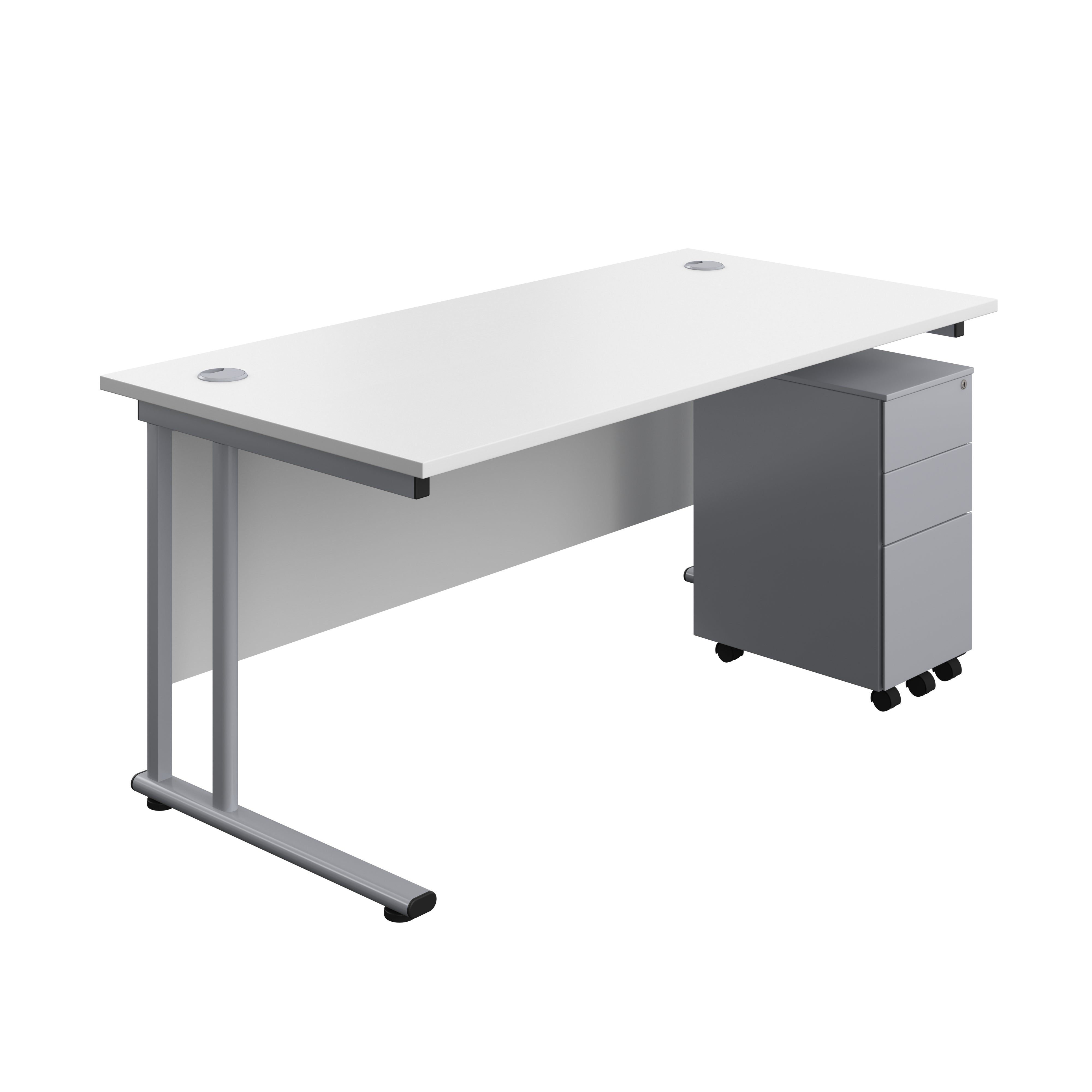 Twin Upright Rectangular Desk + Slimline Steel Pedestal 3 Drawers (FSC) | 1600X800 | White/Silver