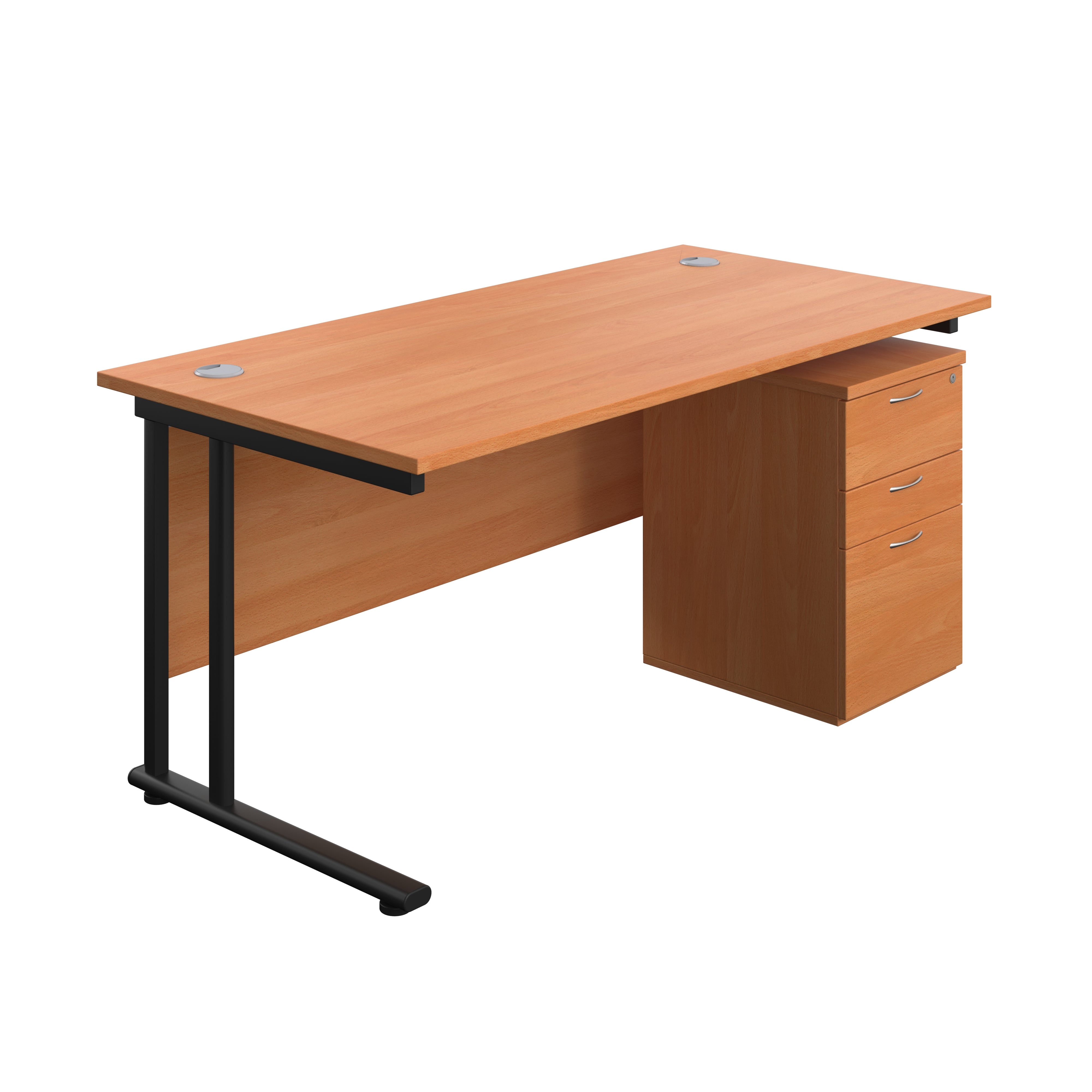 Twin Upright Rectangular Desk + High Mobile Pedestal 3 Drawer (FSC) | 1600X800 | Beech/Black