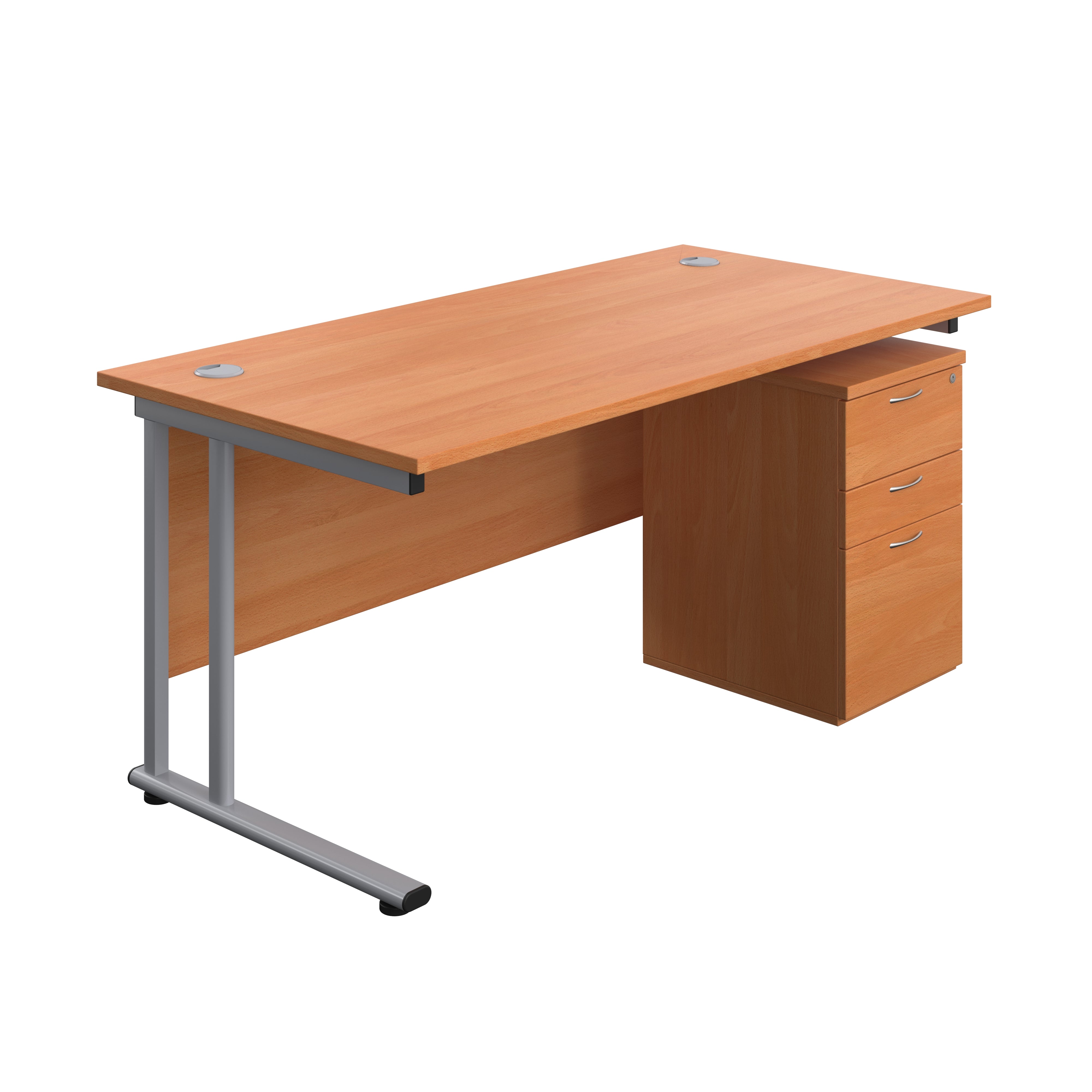 Twin Upright Rectangular Desk + High Mobile Pedestal 3 Drawer (FSC) | 1600X800 | Beech/Silver