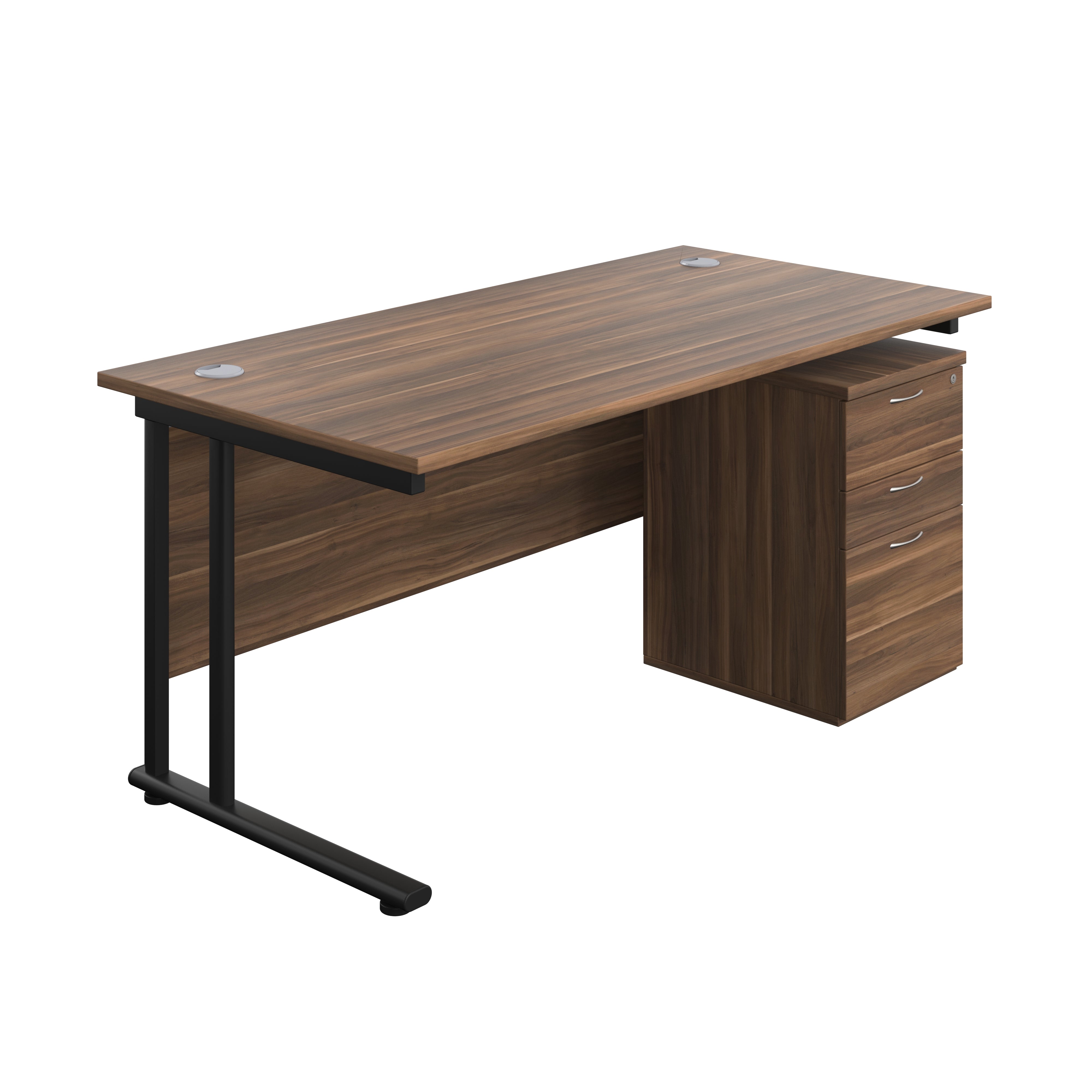 Twin Upright Rectangular Desk + High Mobile Pedestal 3 Drawer (FSC) | 1600X800 | Dark Walnut/Black