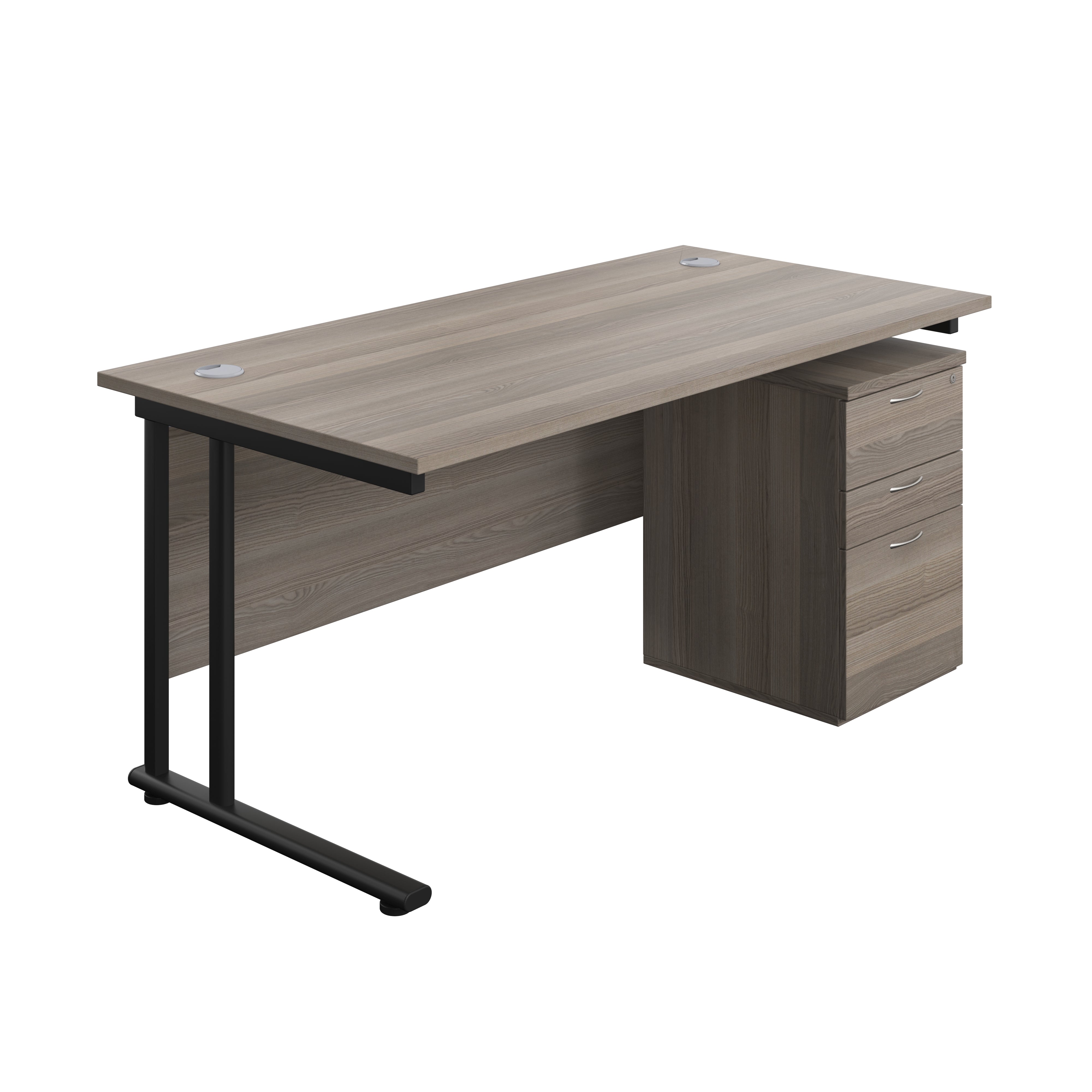 Twin Upright Rectangular Desk + High Mobile Pedestal 3 Drawer (FSC) | 1600X800 | Grey Oak/Black