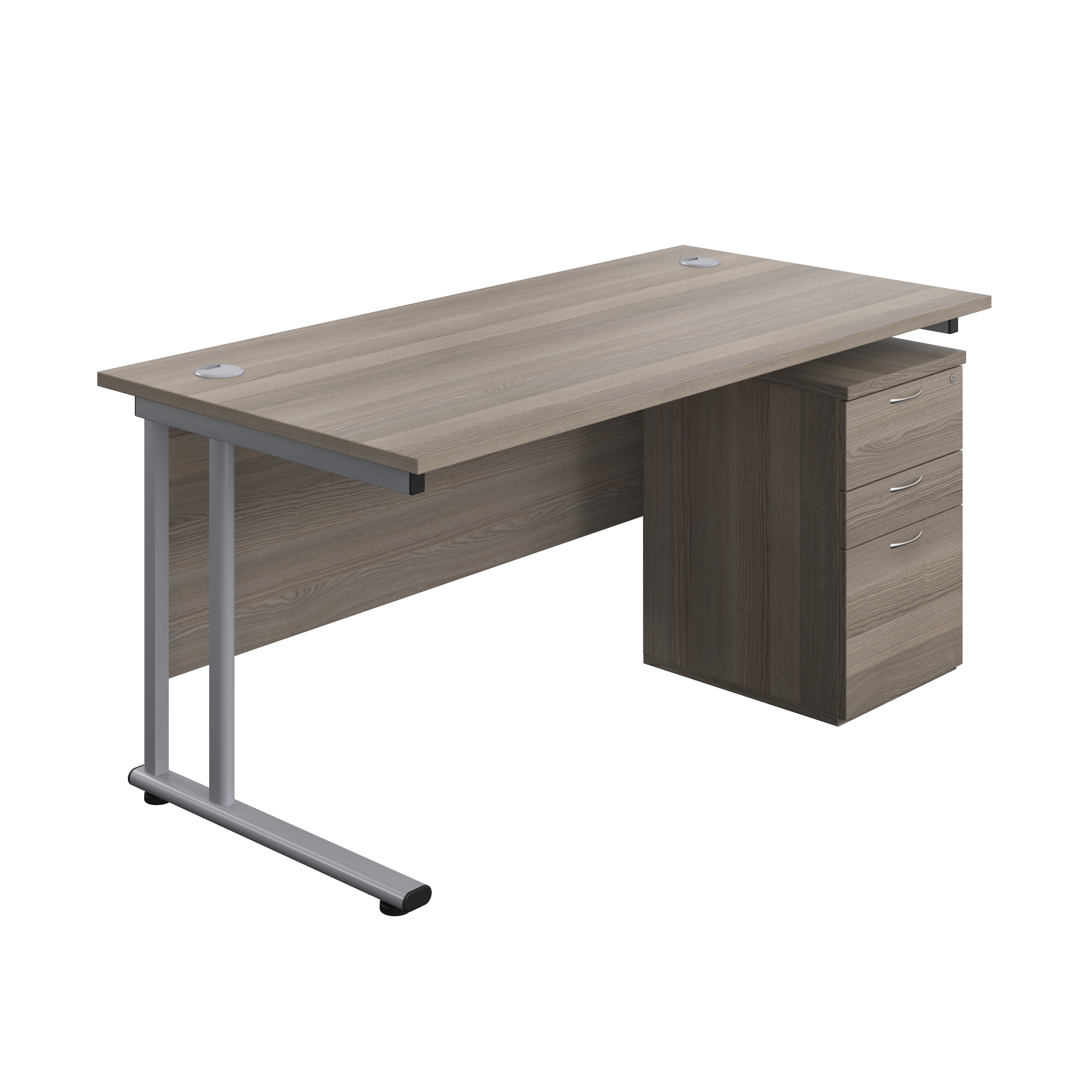 Twin Upright Rectangular Desk + High Mobile Pedestal 3 Drawer (FSC) | 1600X800 | Grey Oak/Silver