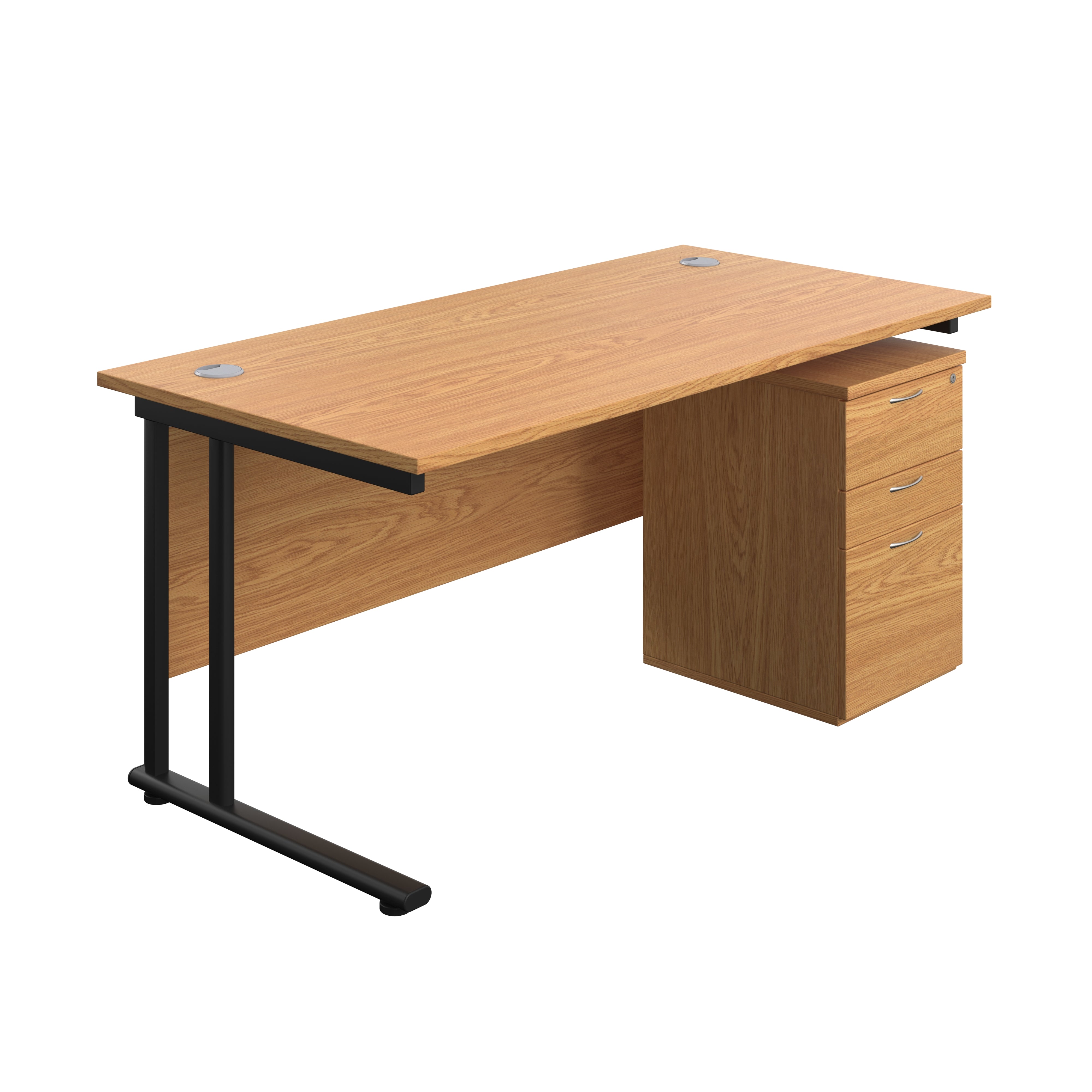 Twin Upright Rectangular Desk + High Mobile Pedestal 3 Drawer (FSC) | 1600X800 | Nova Oak/Black