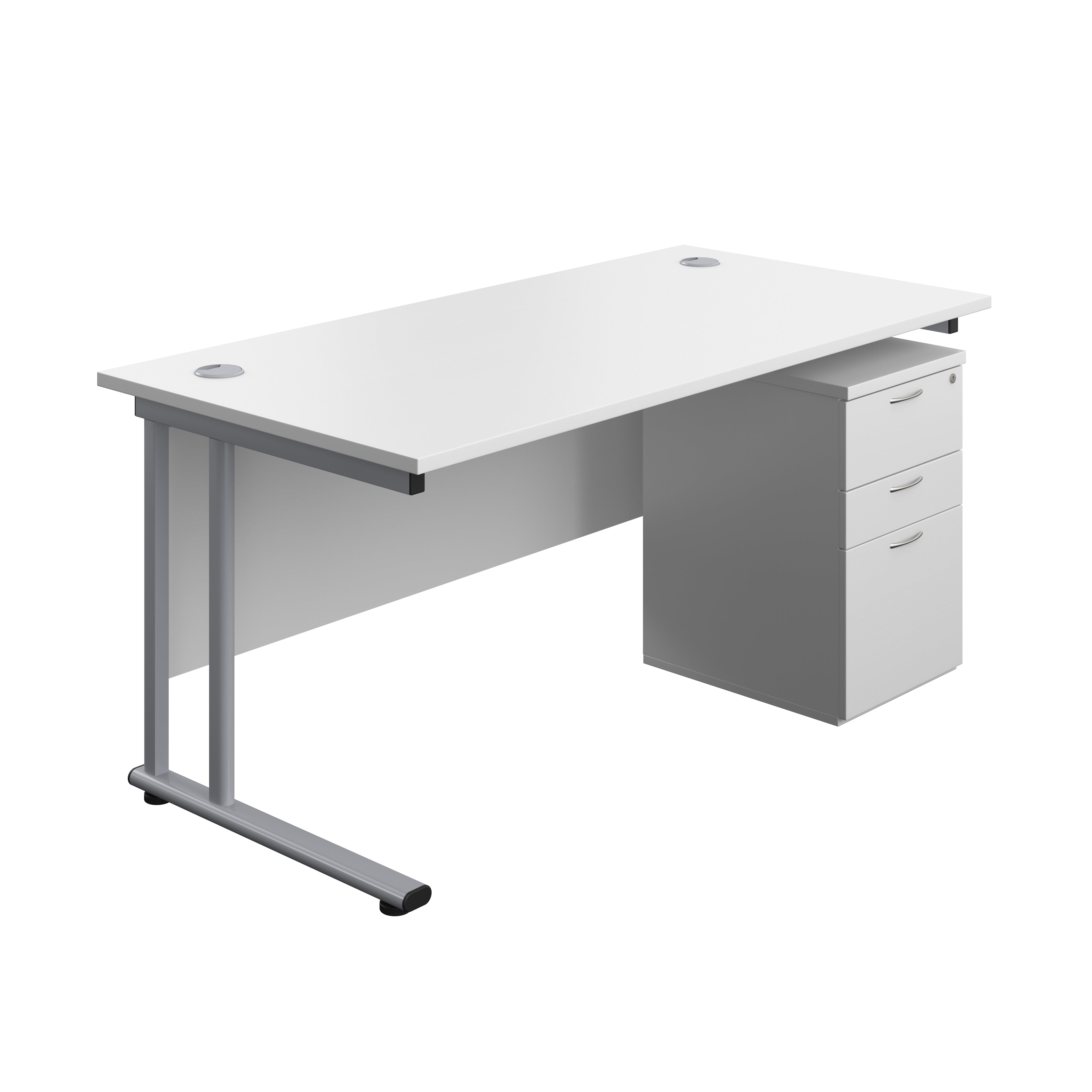 Twin Upright Rectangular Desk + High Mobile Pedestal 3 Drawer (FSC) | 1600X800 | White/Silver