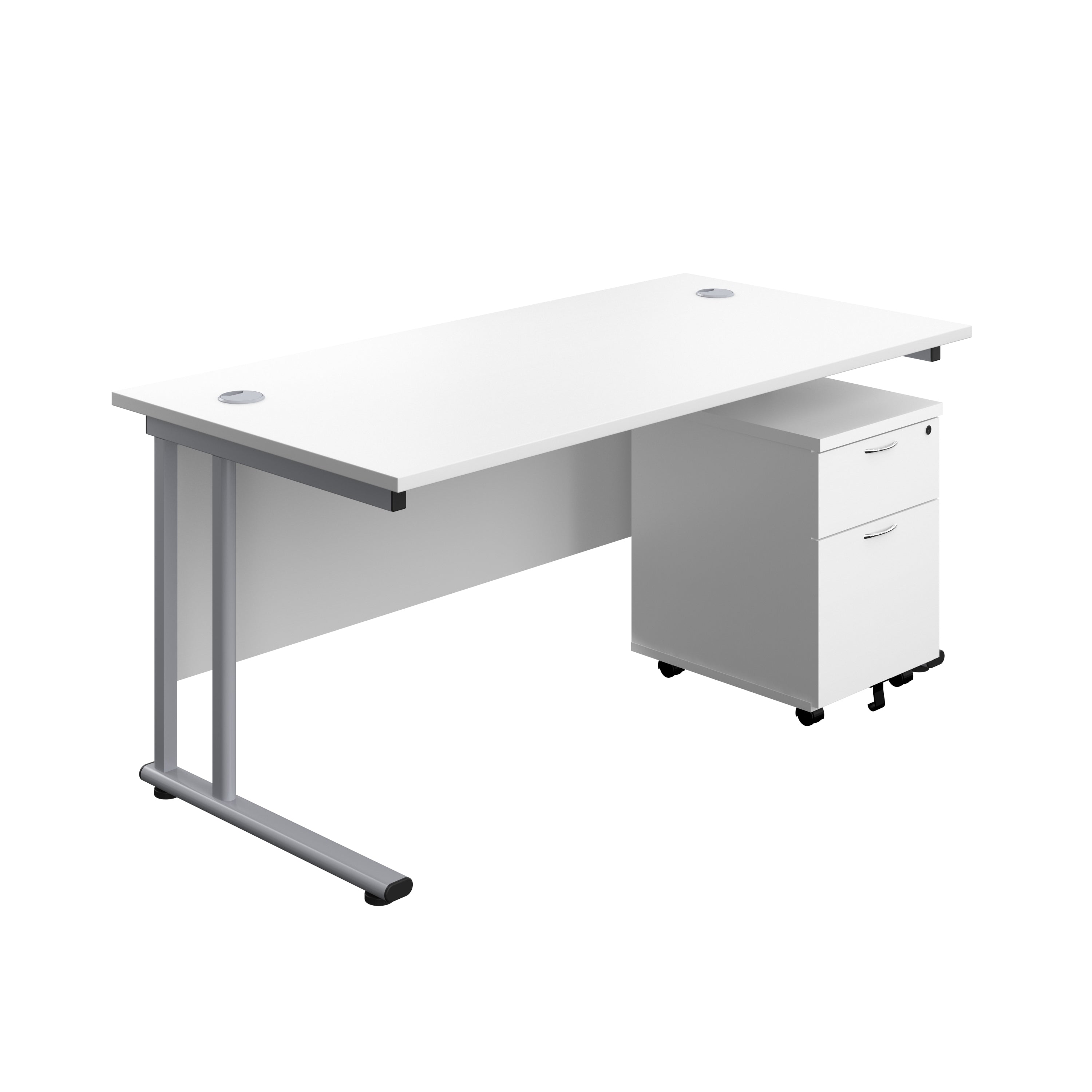 Twin Upright Rectangular Desk + Mobile 2 Drawer Pedestal (FSC) | 1600X800 | White/Silver