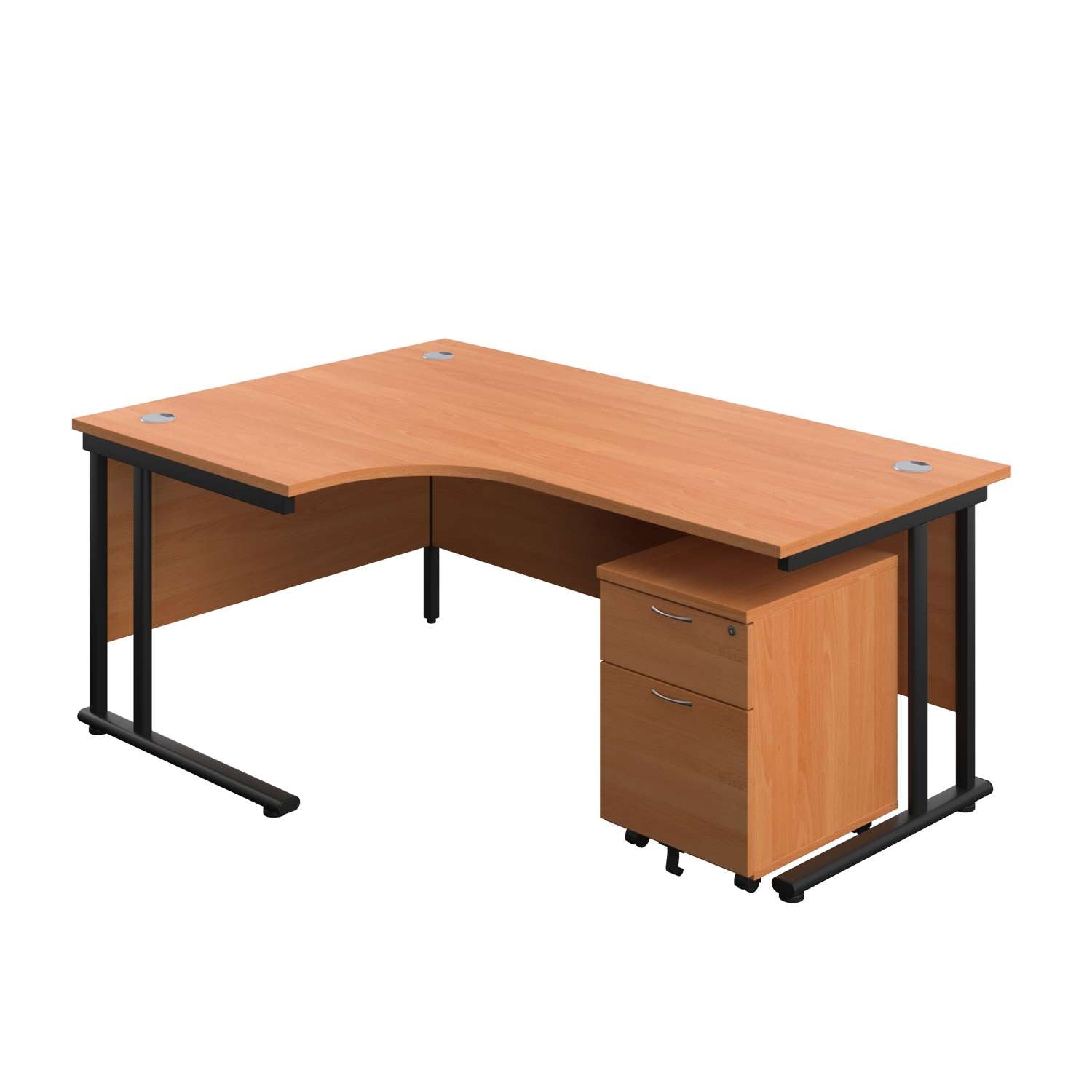 Twin Upright Left Hand Radial Desk + Mobile 2 Drawer Pedestal (FSC) | 1800X1200 | Beech/Black