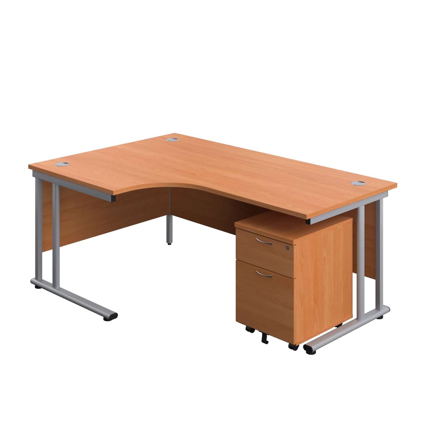 Twin Upright Left Hand Radial Desk + Mobile 2 Drawer Pedestal (FSC) | 1800X1200 | Beech/Silver
