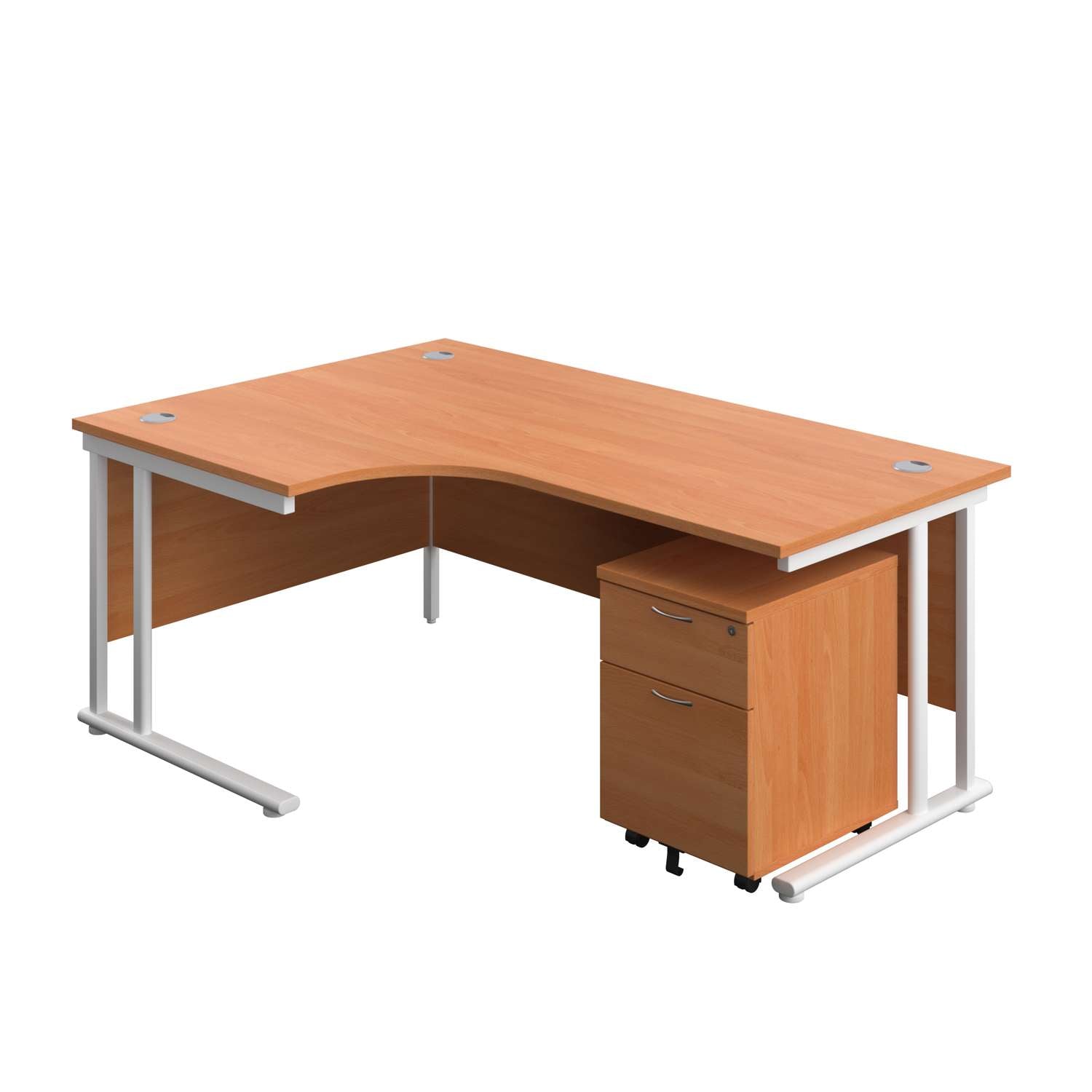 Twin Upright Left Hand Radial Desk + Mobile 2 Drawer Pedestal (FSC) | 1800X1200 | Beech/White