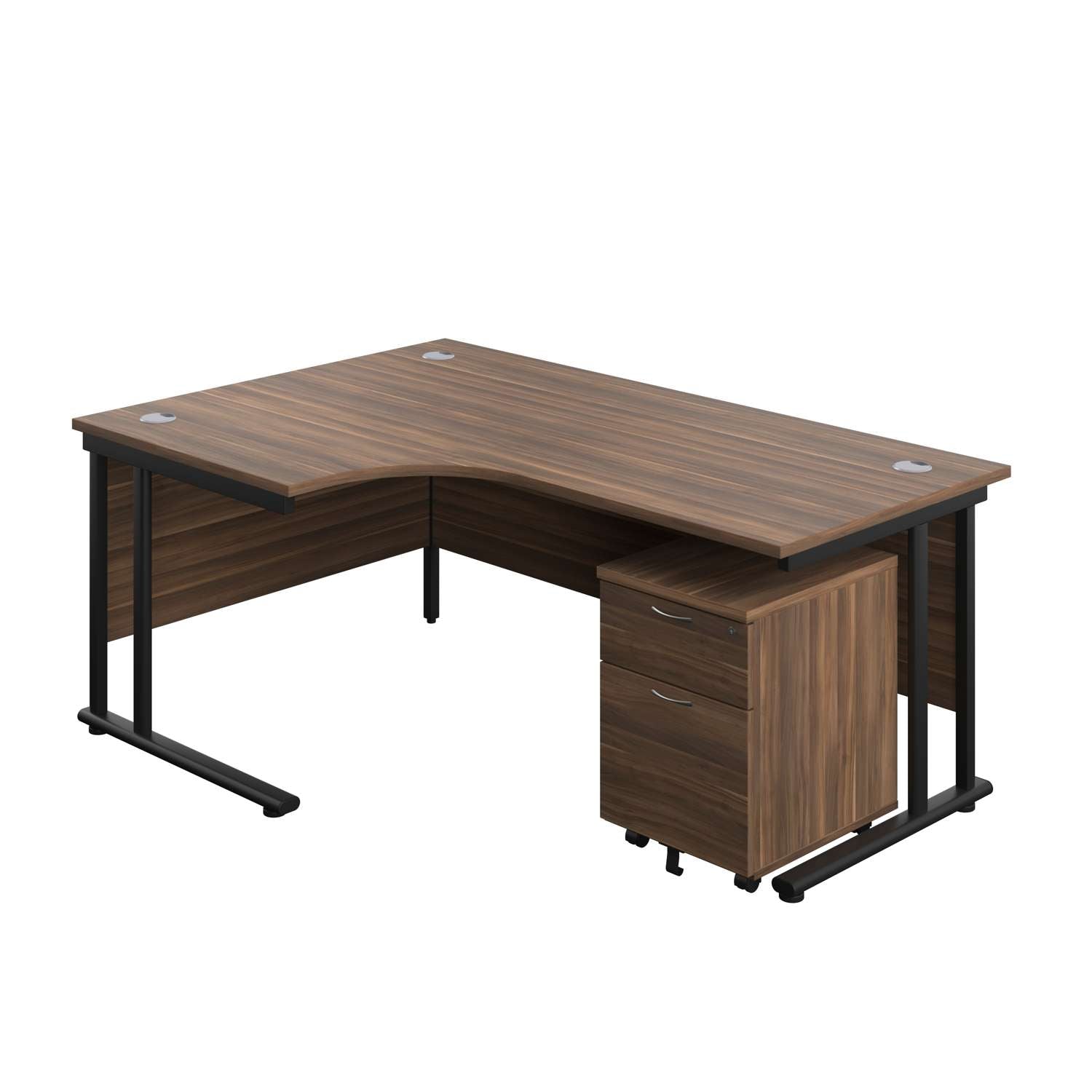 Twin Upright Left Hand Radial Desk + Mobile 2 Drawer Pedestal (FSC) | 1800X1200 | Dark Walnut/Black
