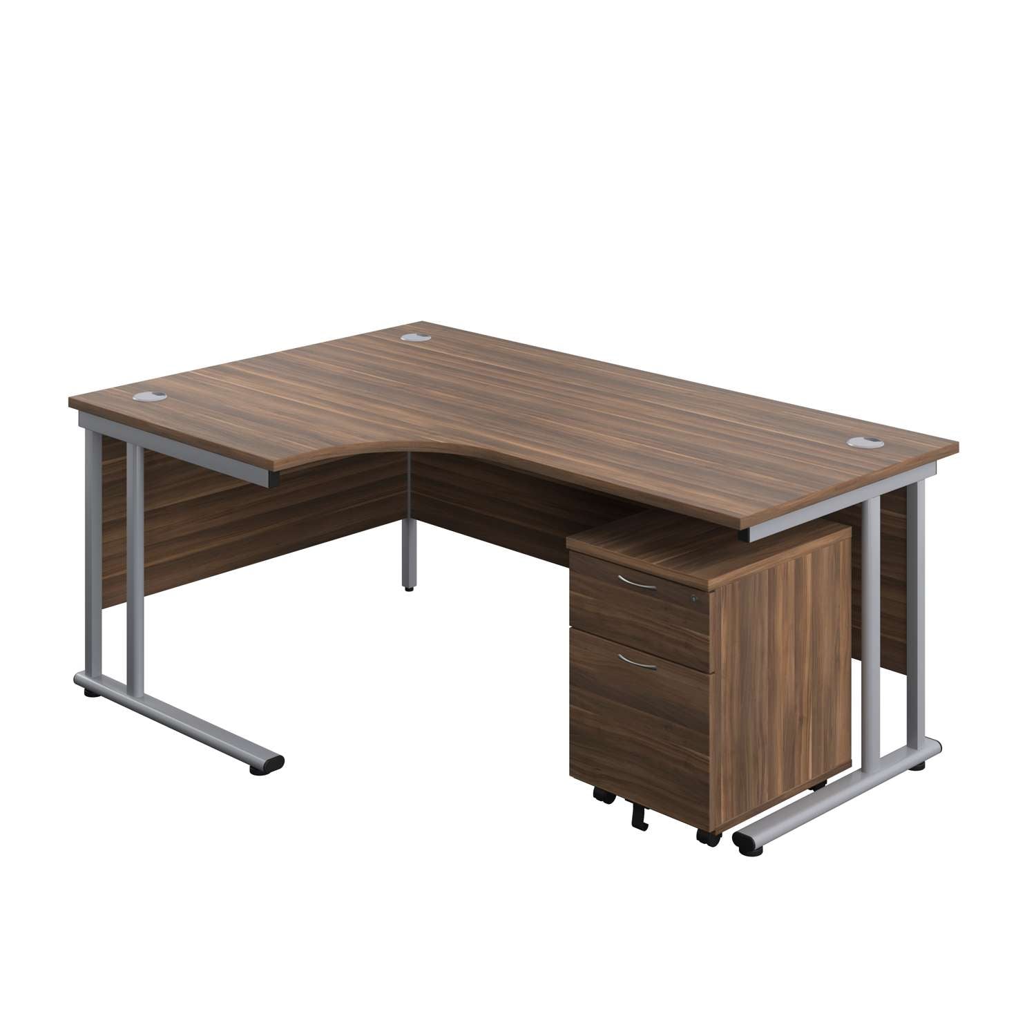 Twin Upright Left Hand Radial Desk + Mobile 2 Drawer Pedestal (FSC) | 1800X1200 | Dark Walnut/Silver