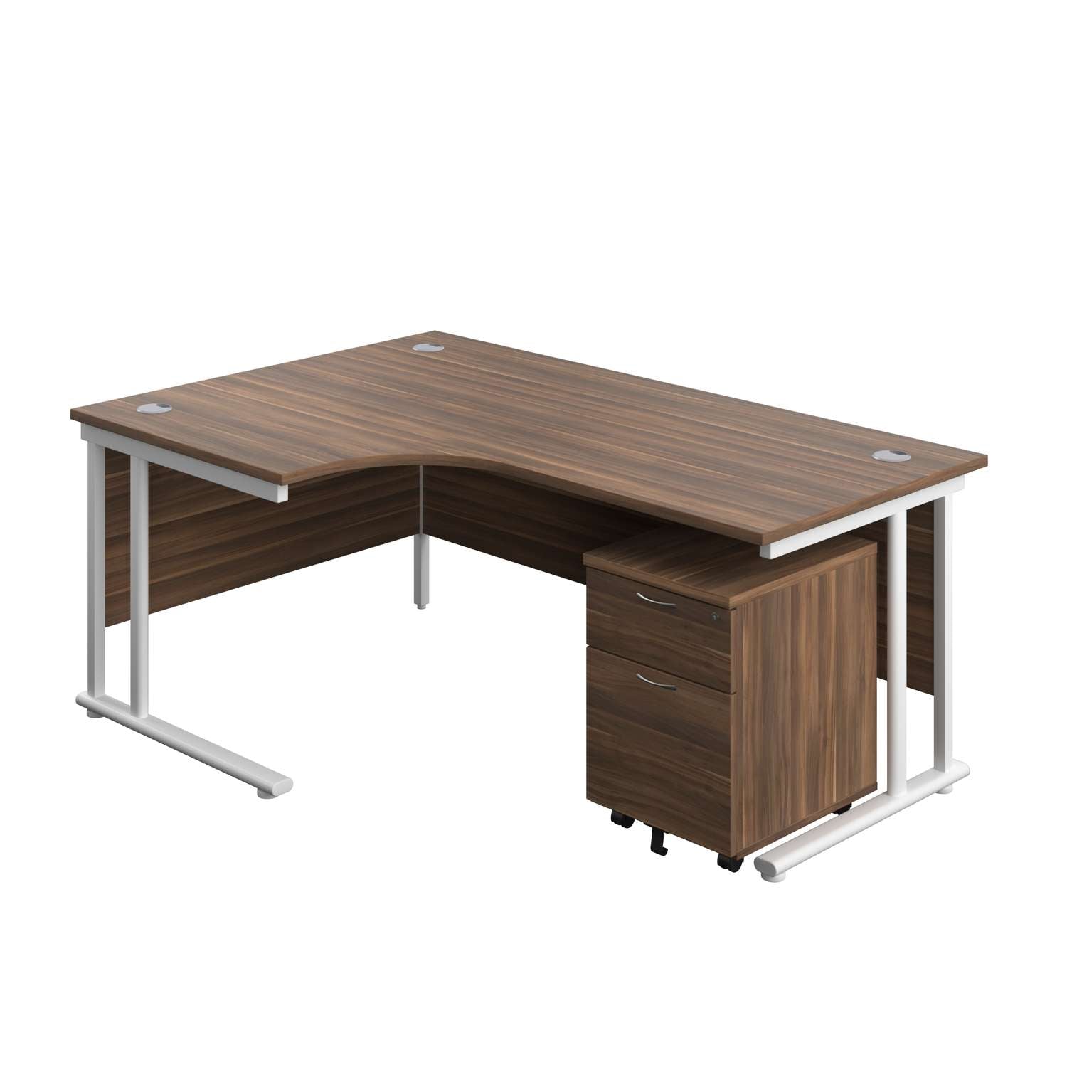 Twin Upright Left Hand Radial Desk + Mobile 2 Drawer Pedestal (FSC) | 1800X1200 | Dark Walnut/White