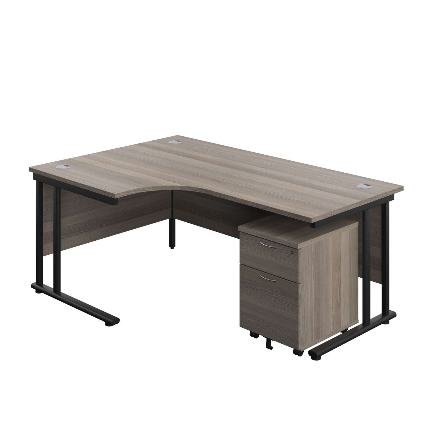 Twin Upright Left Hand Radial Desk + Mobile 2 Drawer Pedestal (FSC) | 1800X1200 | Grey Oak/Black