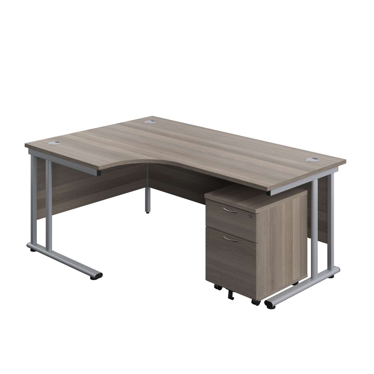 Twin Upright Left Hand Radial Desk + Mobile 2 Drawer Pedestal (FSC) | 1800X1200 | Grey Oak/Silver