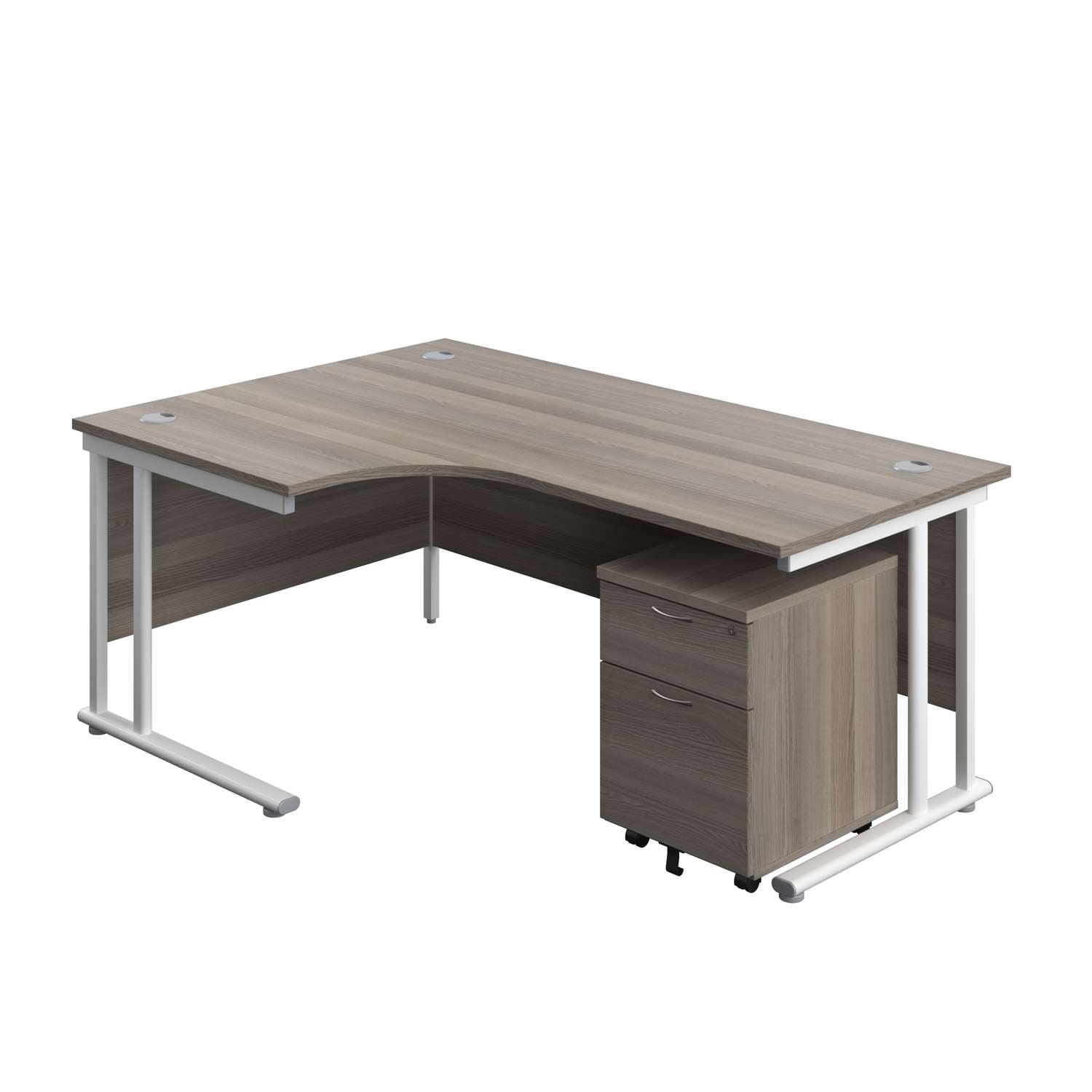 Twin Upright Left Hand Radial Desk + Mobile 2 Drawer Pedestal (FSC) | 1800X1200 | Grey Oak/White