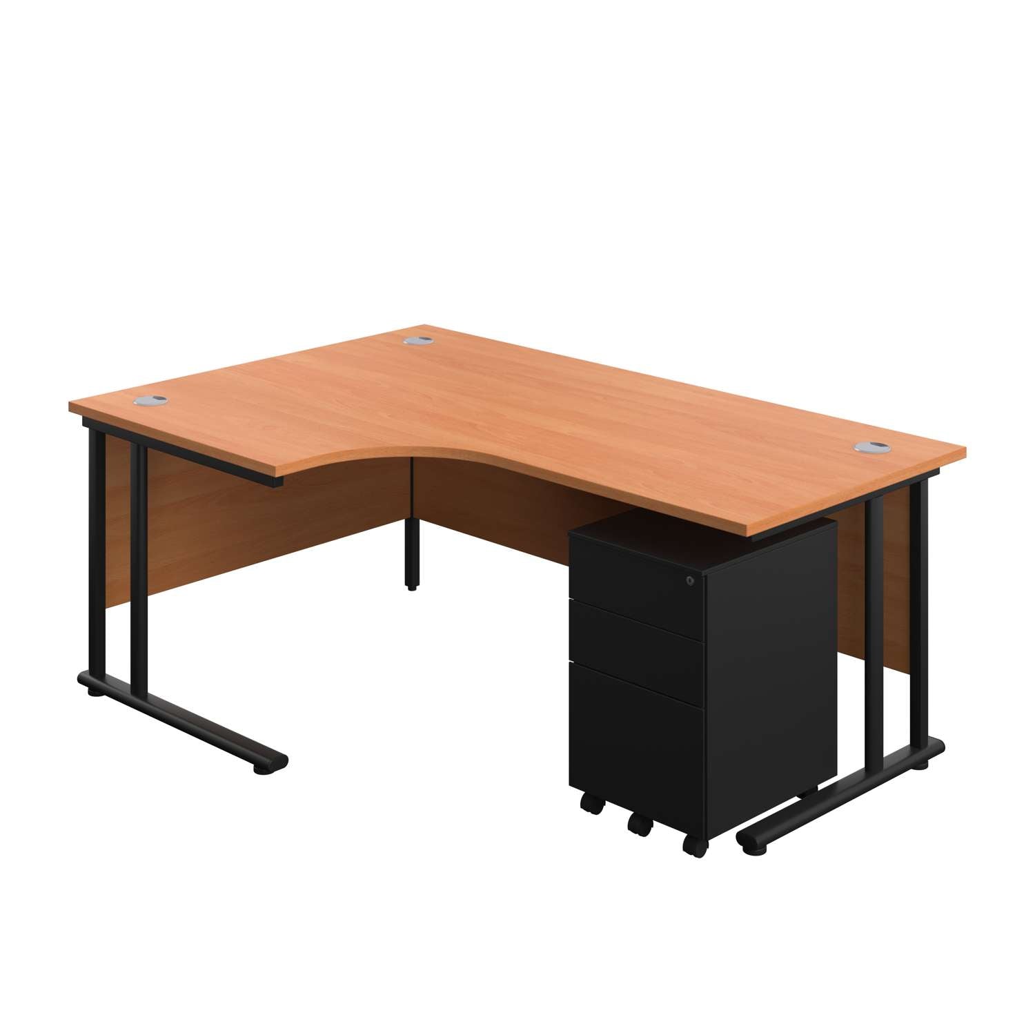 Twin Upright Left Hand Radial Desk + Under Desk Steel Pedestal 3 Drawers (FSC) | 1800X1200 | Beech/Black