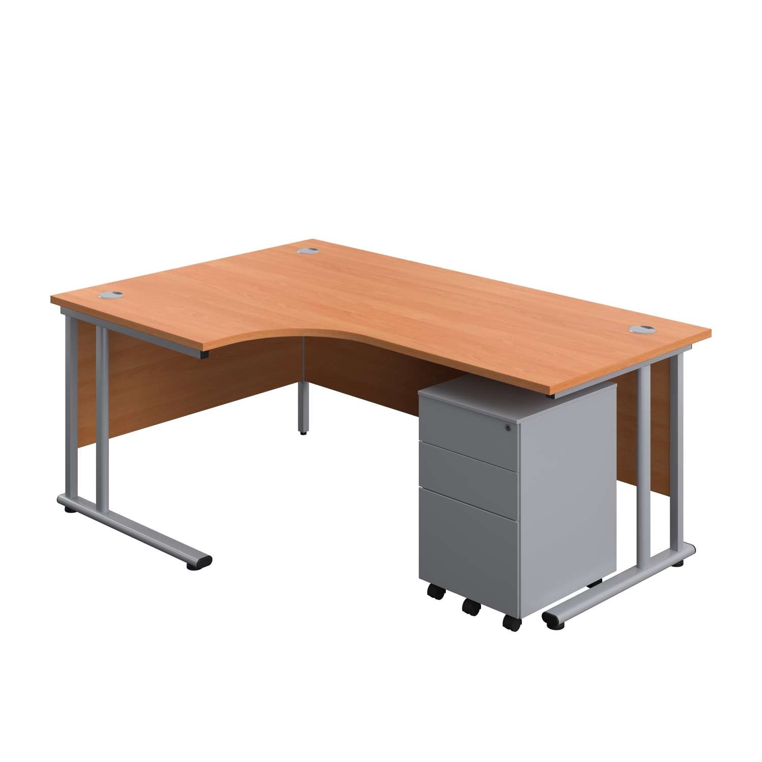 Twin Upright Left Hand Radial Desk + Under Desk Steel Pedestal 3 Drawers (FSC) | 1800X1200 | Beech/Silver