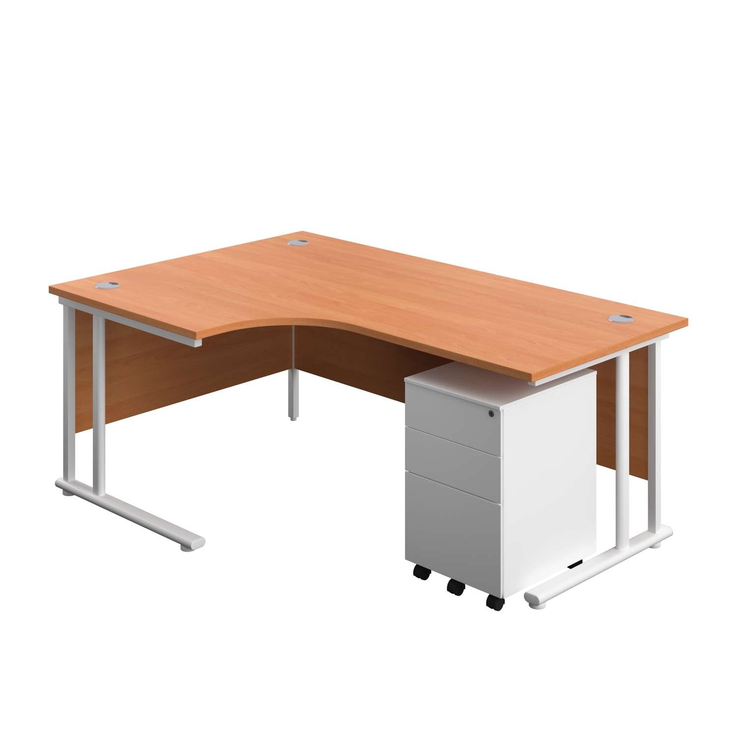 Twin Upright Left Hand Radial Desk + Under Desk Steel Pedestal 3 Drawers (FSC) | 1800X1200 | Beech/White