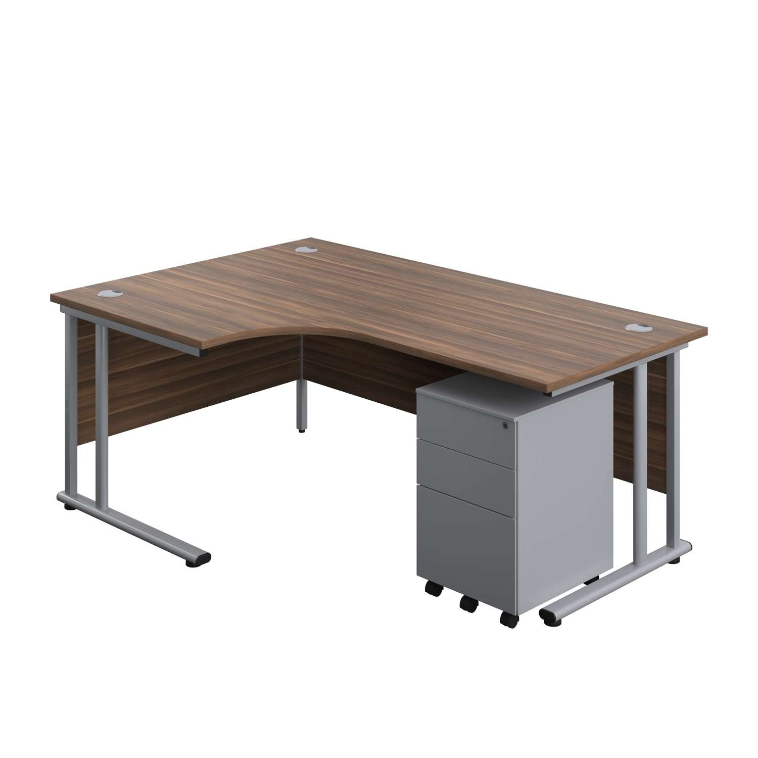 Twin Upright Left Hand Radial Desk + Under Desk Steel Pedestal 3 Drawers (FSC) | 1800X1200 | Dark Walnut/Silver