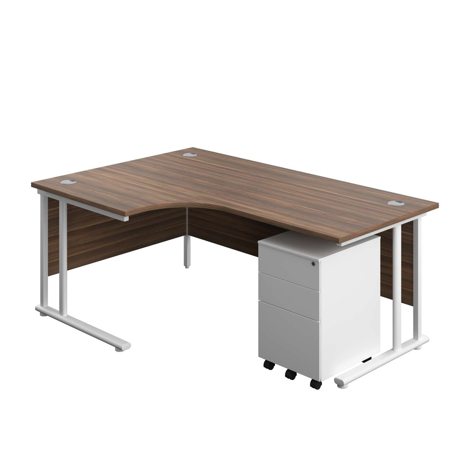 Twin Upright Left Hand Radial Desk + Under Desk Steel Pedestal 3 Drawers (FSC) | 1800X1200 | Dark Walnut/White