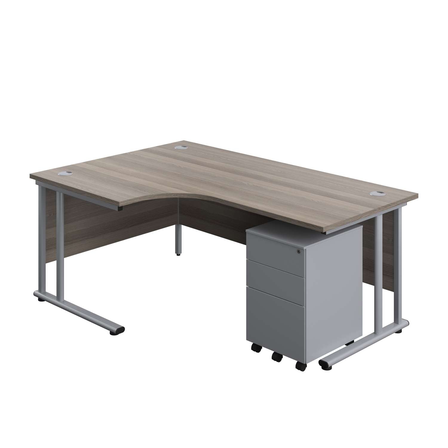 Twin Upright Left Hand Radial Desk + Under Desk Steel Pedestal 3 Drawers (FSC) | 1800X1200 | Grey Oak/Silver