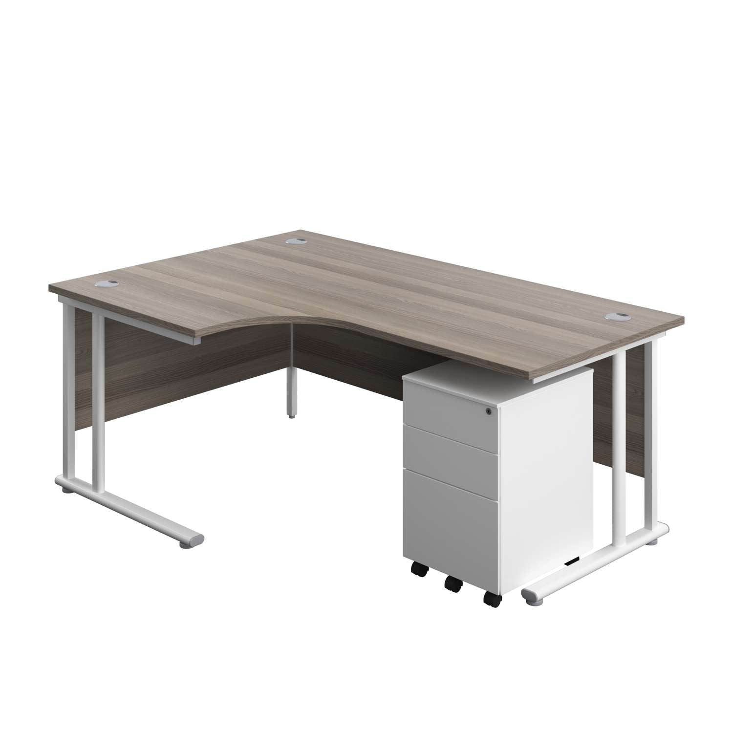 Twin Upright Left Hand Radial Desk + Under Desk Steel Pedestal 3 Drawers (FSC) | 1800X1200 | Grey Oak/White