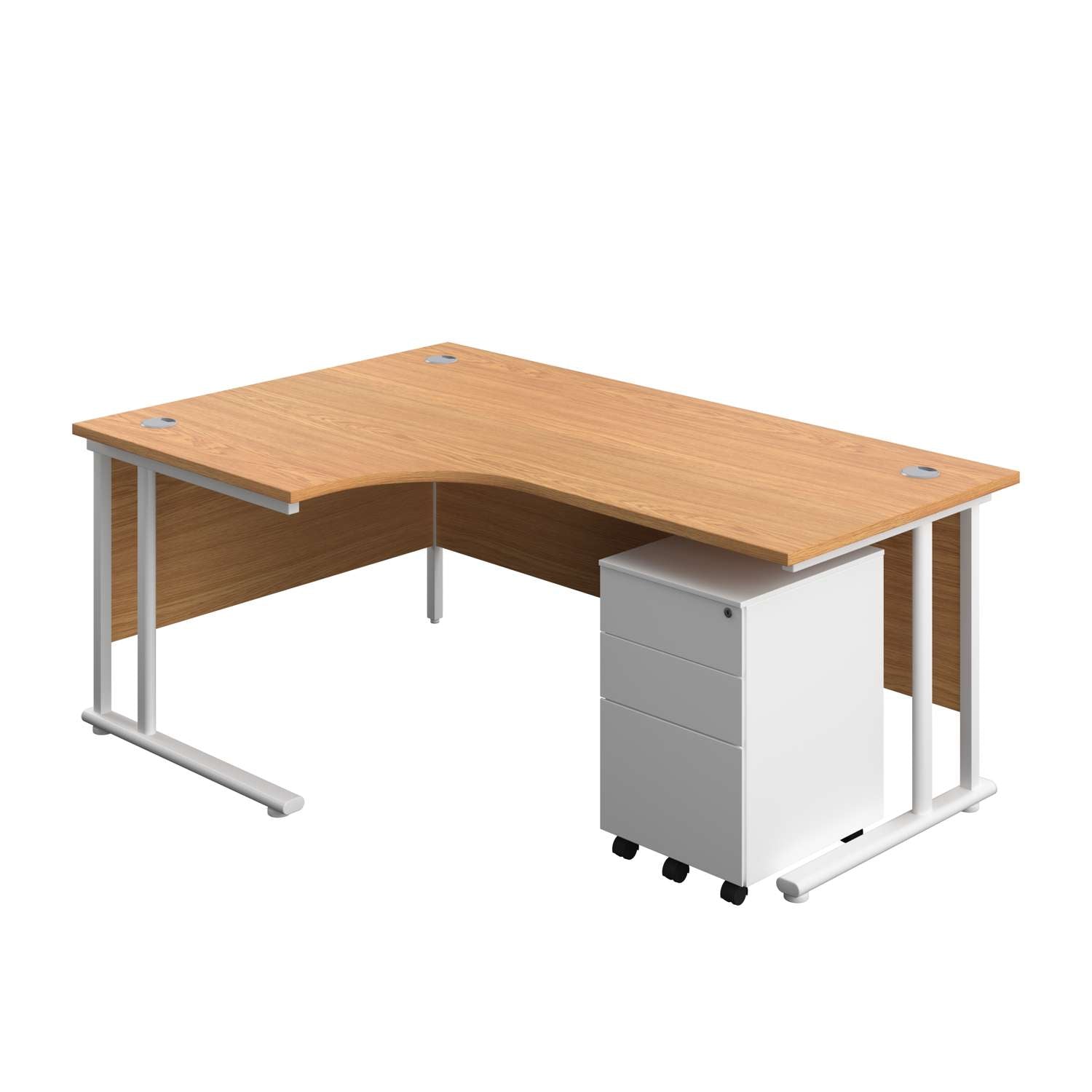 Twin Upright Left Hand Radial Desk + Under Desk Steel Pedestal 3 Drawers (FSC) | 1800X1200 | Nova Oak/White