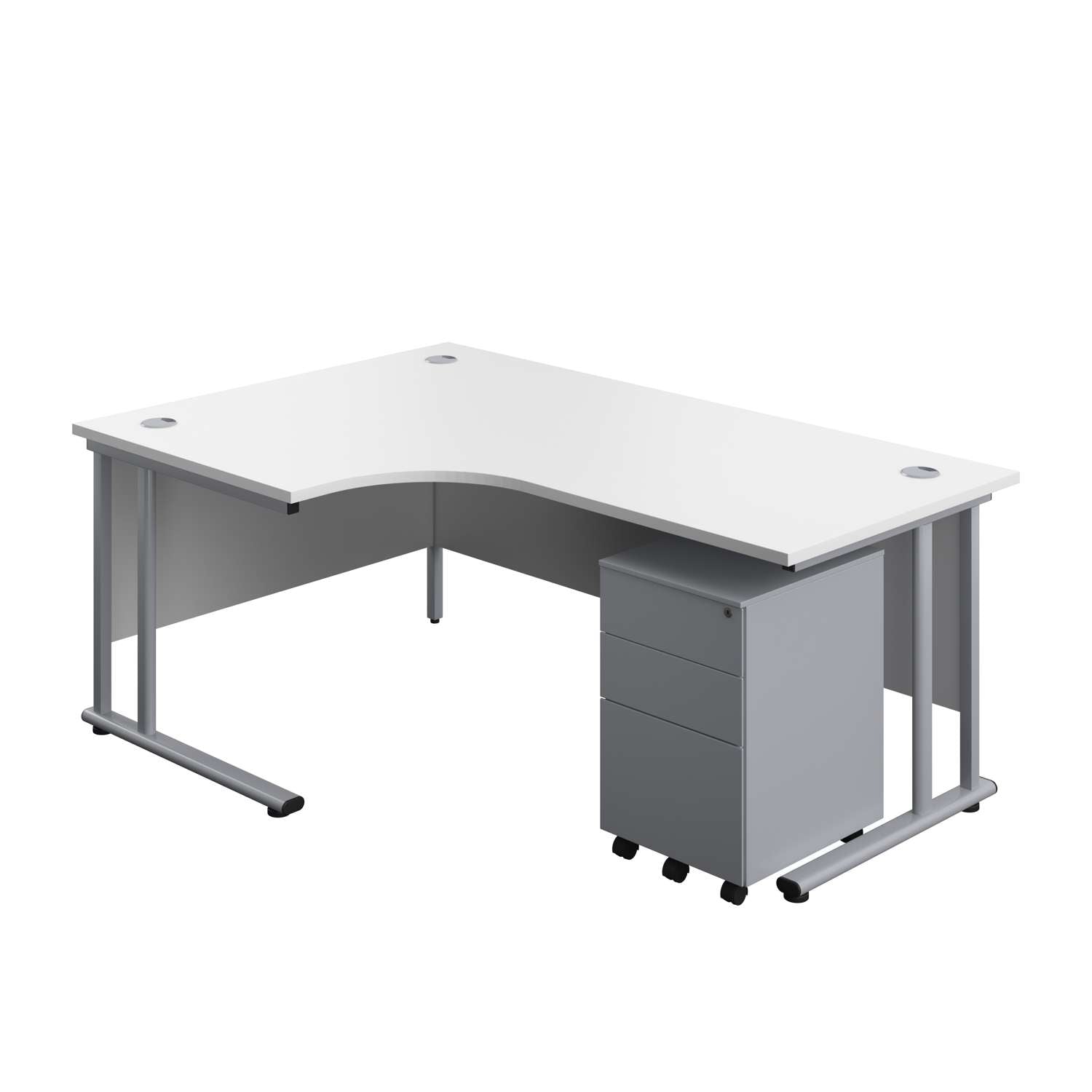Twin Upright Left Hand Radial Desk + Under Desk Steel Pedestal 3 Drawers (FSC) | 1800X1200 | White/Silver