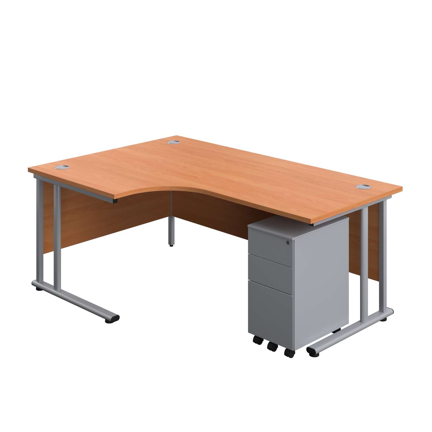 Twin Upright Left Hand Radial Desk + Slimline Steel Pedestal 3 Drawers (FSC) | 1800X1200 | Beech/Silver
