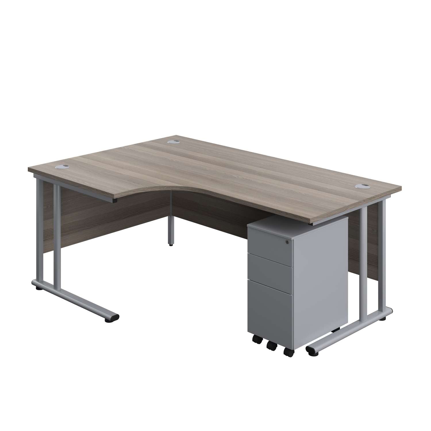 Twin Upright Left Hand Radial Desk + Slimline Steel Pedestal 3 Drawers (FSC) | 1800X1200 | Grey Oak/Silver