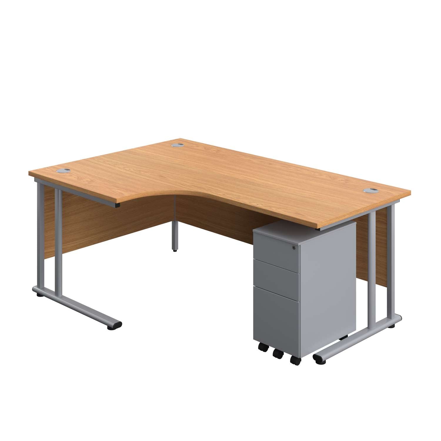 Twin Upright Left Hand Radial Desk + Slimline Steel Pedestal 3 Drawers (FSC) | 1800X1200 | Nova Oak/Silver