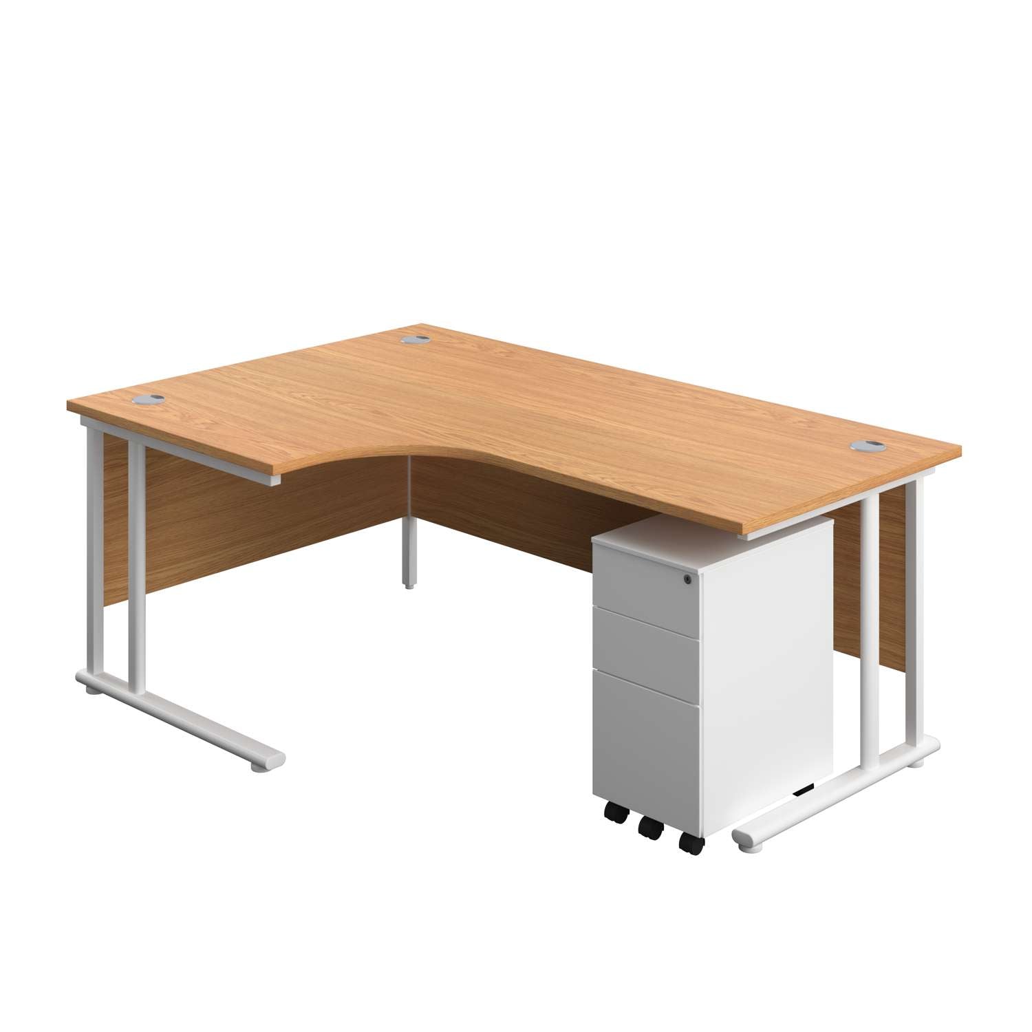 Twin Upright Left Hand Radial Desk + Slimline Steel Pedestal 3 Drawers (FSC) | 1800X1200 | Nova Oak/White