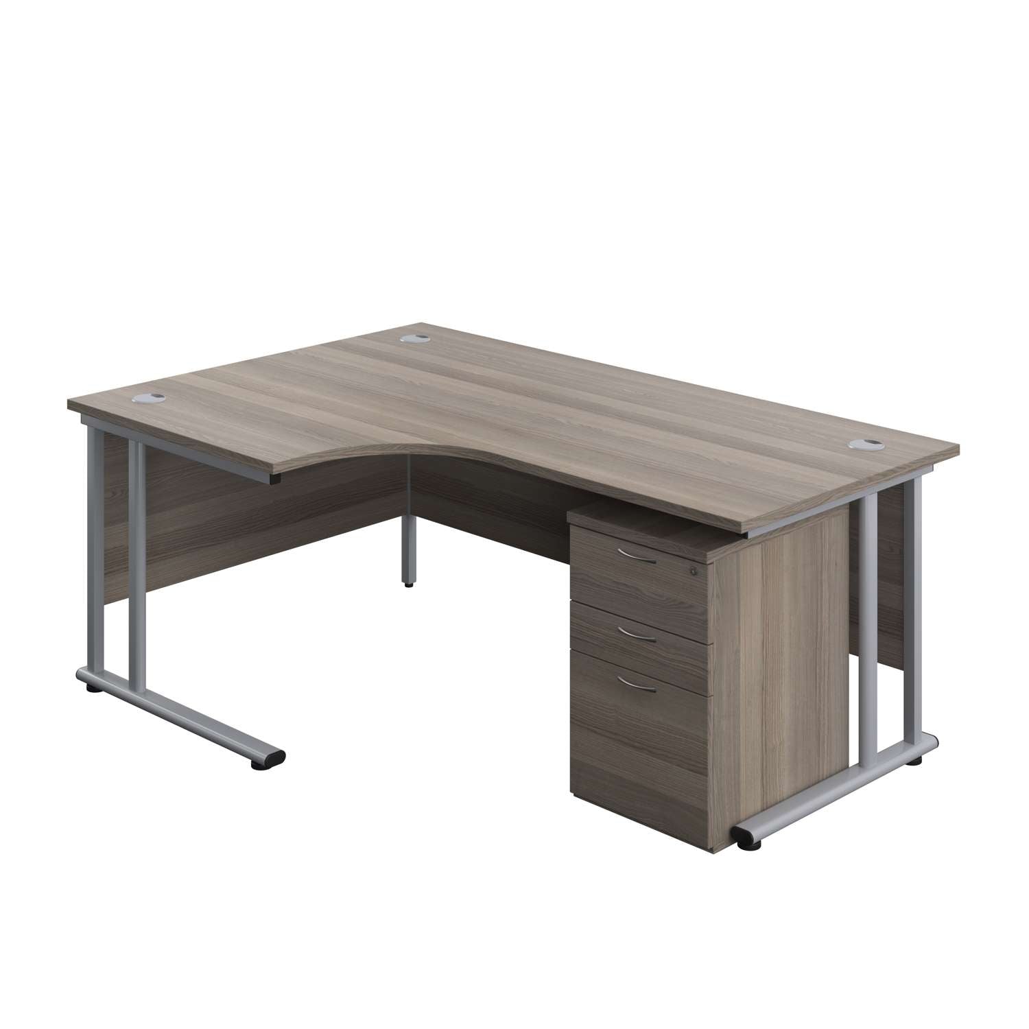 Twin Upright Left Hand Radial Desk + High Mobile Pedestal 3 Drawer (FSC) | 1800X1200 | Grey Oak/Silver