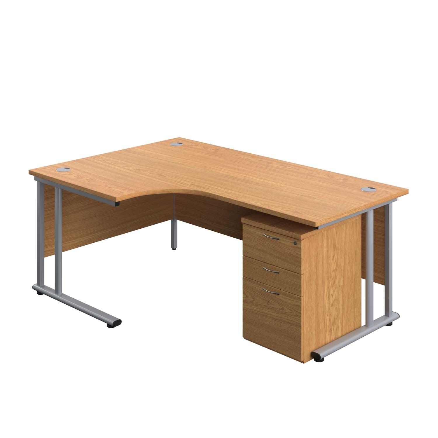 Twin Upright Left Hand Radial Desk + High Mobile Pedestal 3 Drawer (FSC) | 1800X1200 | Nova Oak/Silver