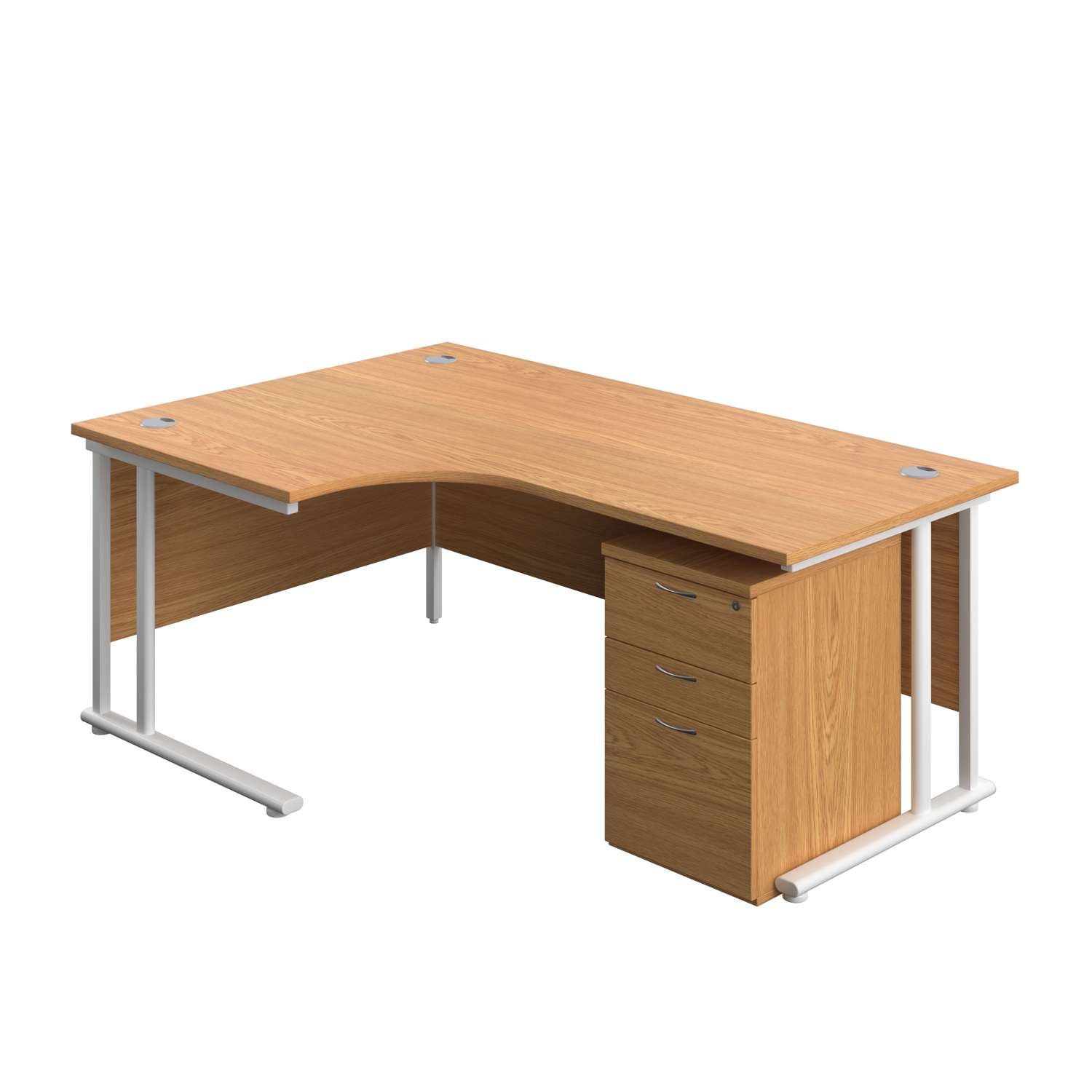 Twin Upright Left Hand Radial Desk + High Mobile Pedestal 3 Drawer (FSC) | 1800X1200 | Nova Oak/White