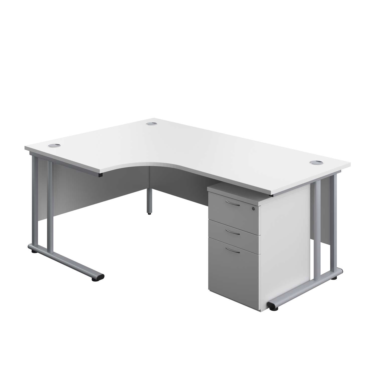 Twin Upright Left Hand Radial Desk + High Mobile Pedestal 3 Drawer (FSC) | 1800X1200 | White/Silver