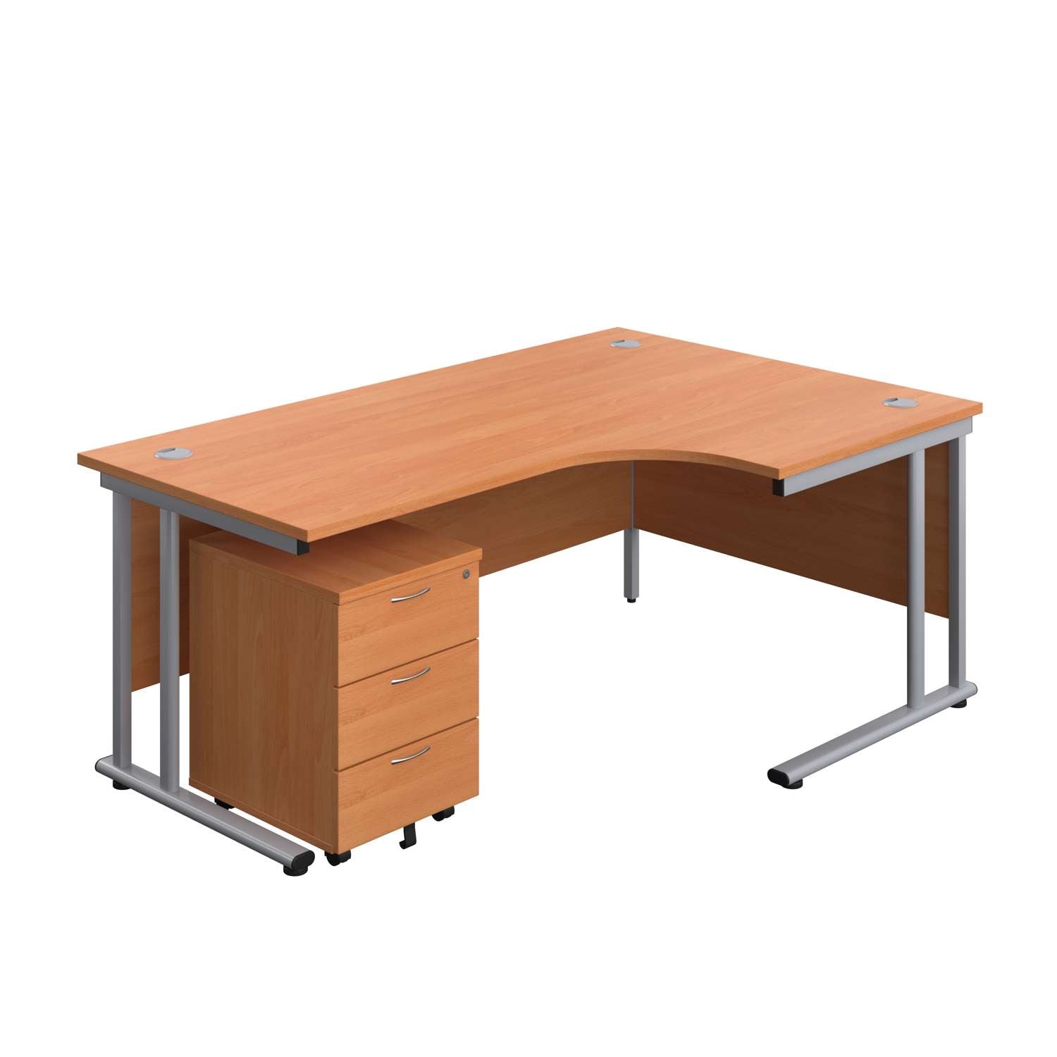 Twin Upright Right Hand Radial Desk + Mobile 3 Drawer Pedestal (FSC) | 1800X1200 | Beech/Silver