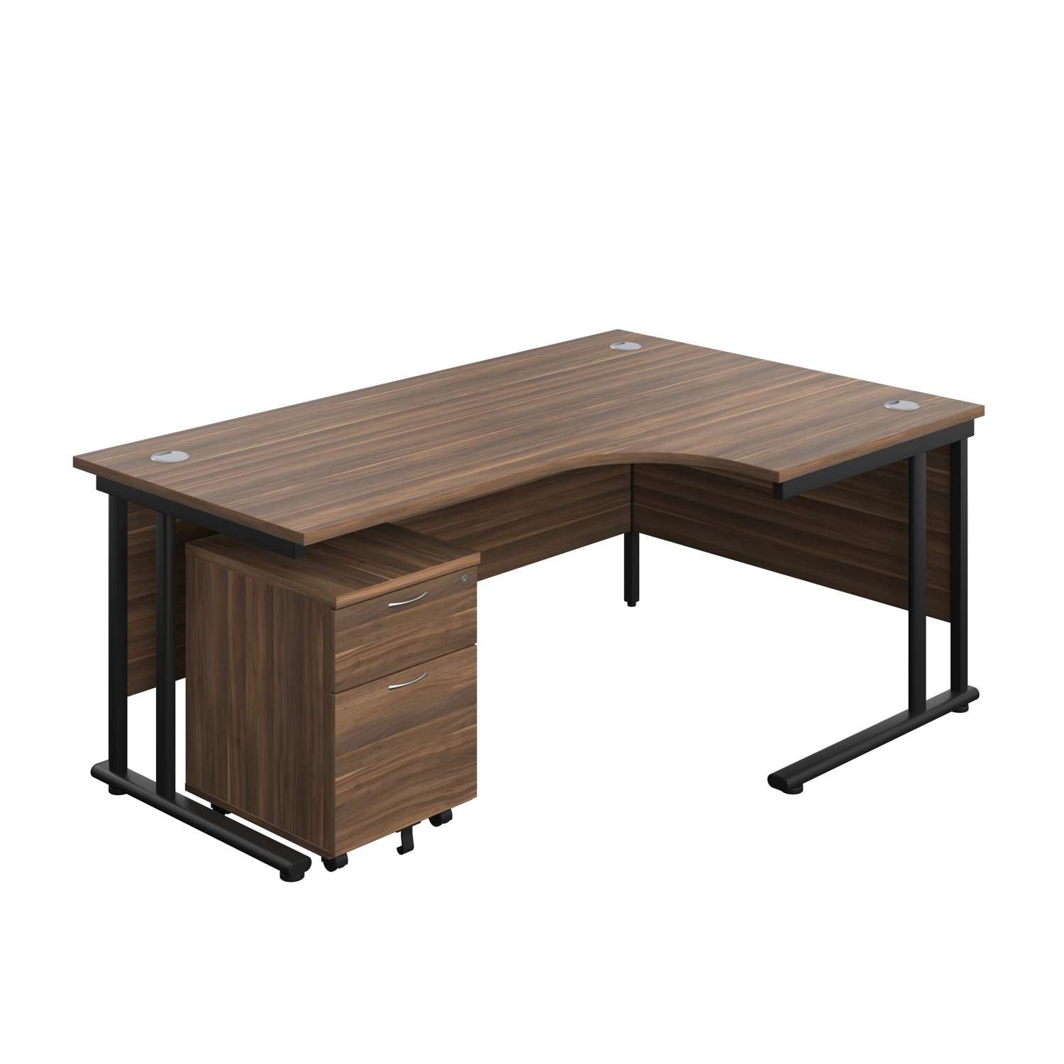 Twin Upright Right Hand Radial Desk + Mobile 2 Drawer Pedestal (FSC) | 1800X1200 | Dark Walnut/Black