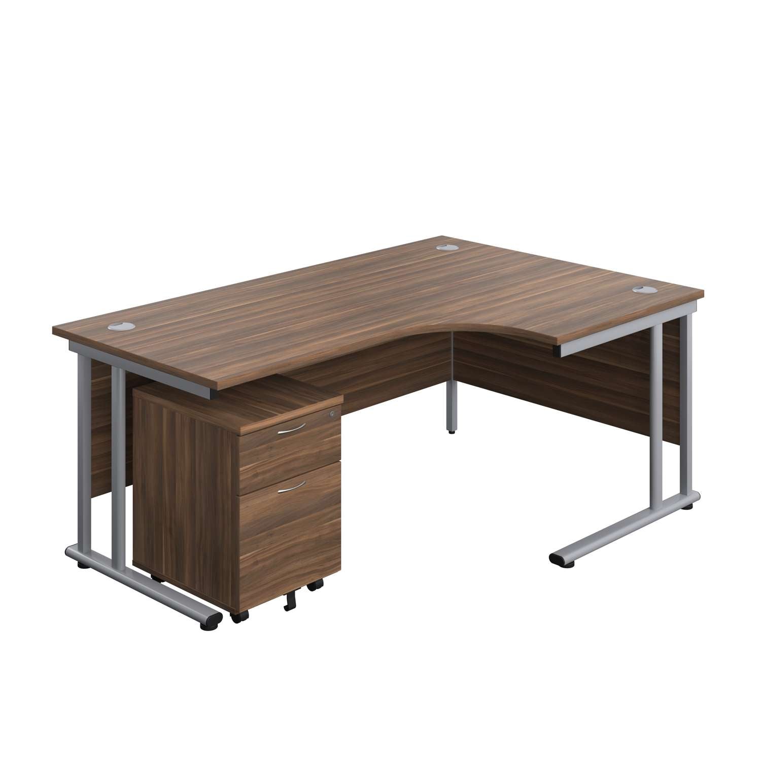 Twin Upright Right Hand Radial Desk + Mobile 2 Drawer Pedestal (FSC) | 1800X1200 | Dark Walnut/Silver