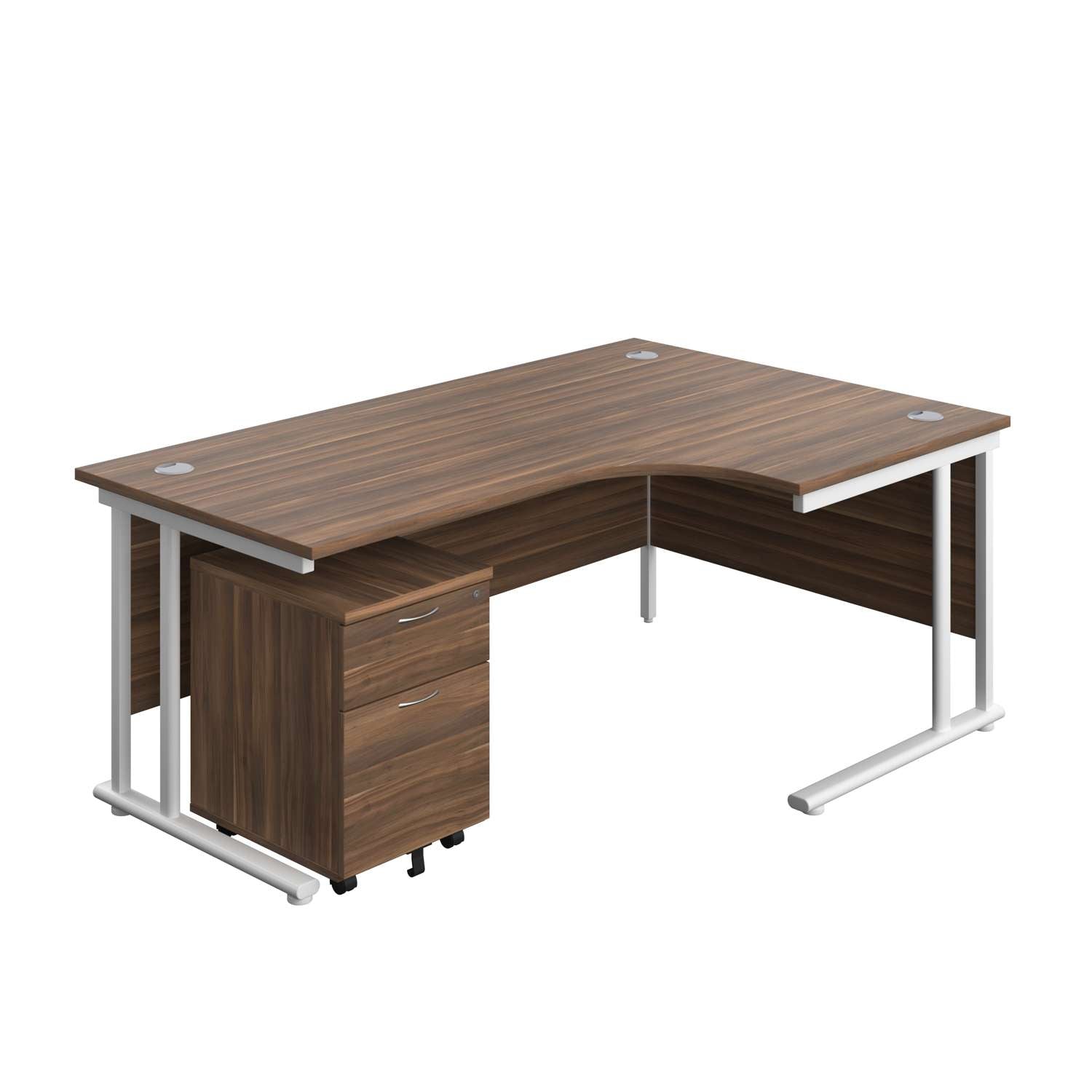 Twin Upright Right Hand Radial Desk + Mobile 2 Drawer Pedestal (FSC) | 1800X1200 | Dark Walnut/White