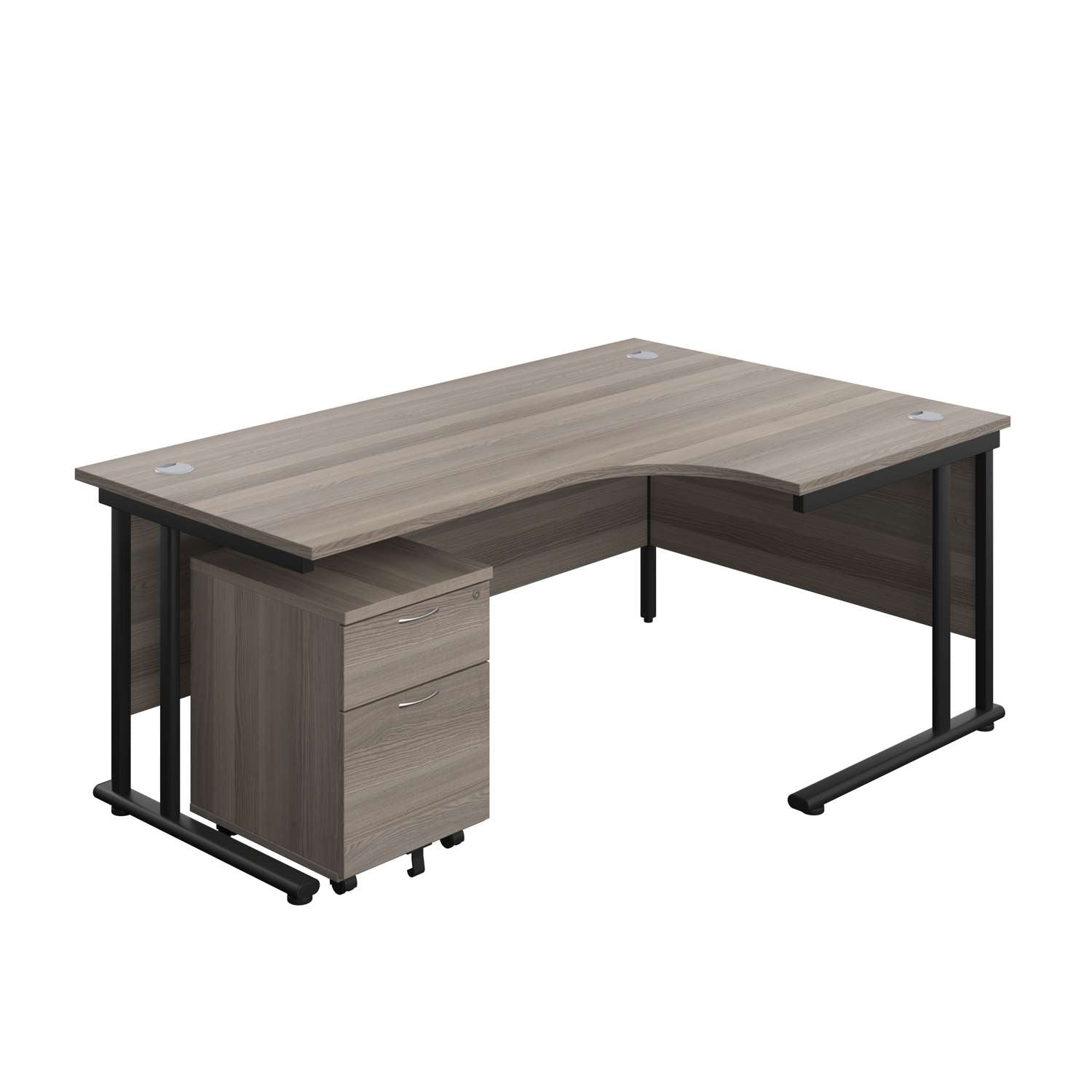 Twin Upright Right Hand Radial Desk + Mobile 2 Drawer Pedestal (FSC) | 1800X1200 | Grey Oak/Black
