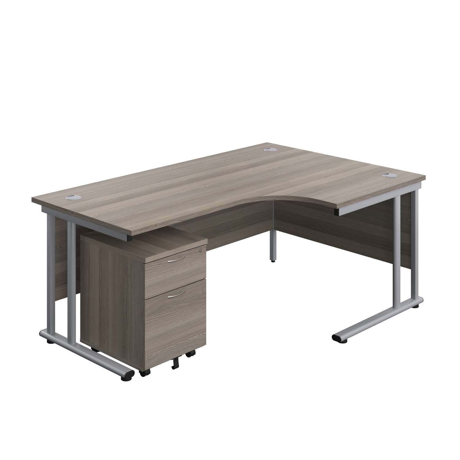 Twin Upright Right Hand Radial Desk + Mobile 2 Drawer Pedestal (FSC) | 1800X1200 | Grey Oak/Silver