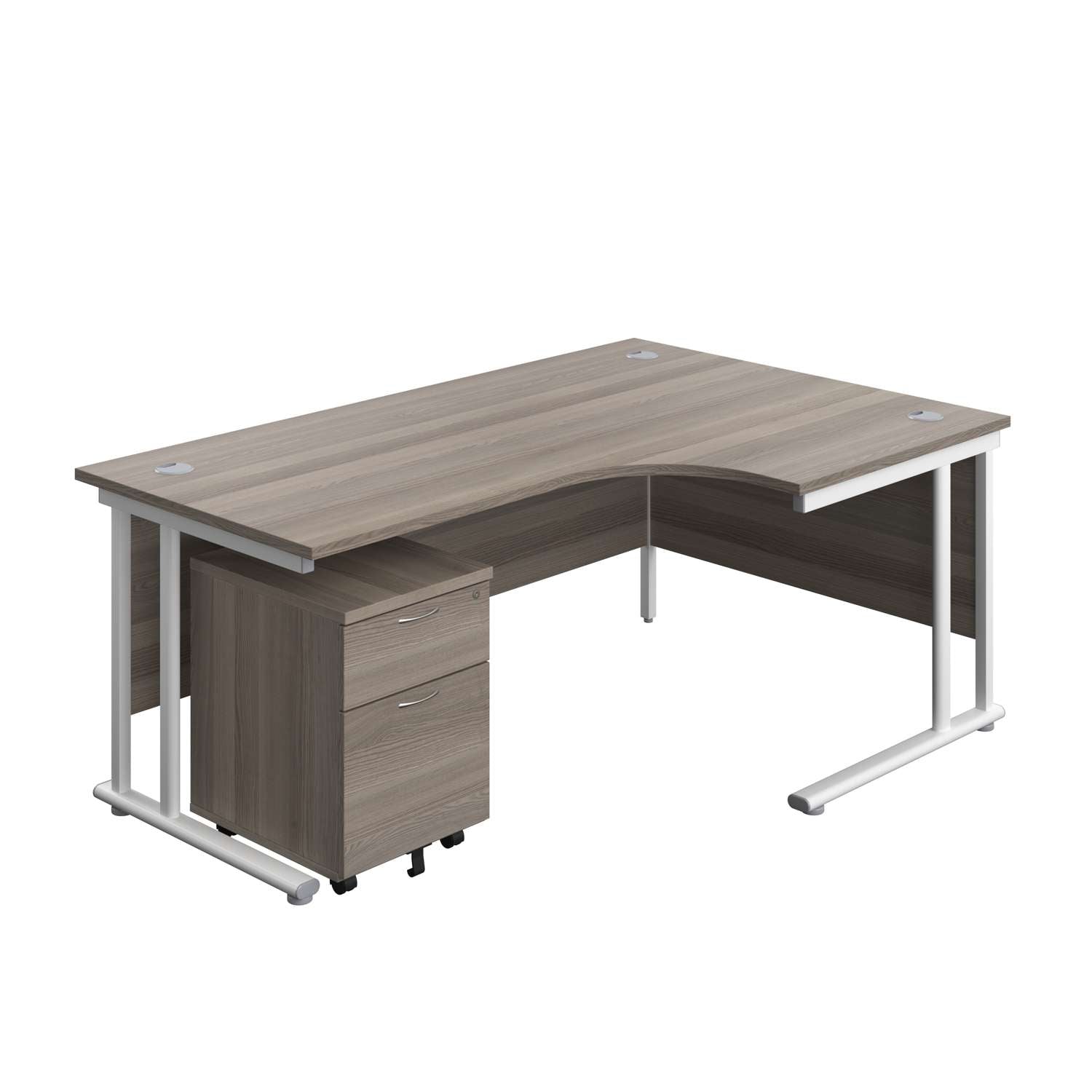 Twin Upright Right Hand Radial Desk + Mobile 2 Drawer Pedestal (FSC) | 1800X1200 | Grey Oak/White