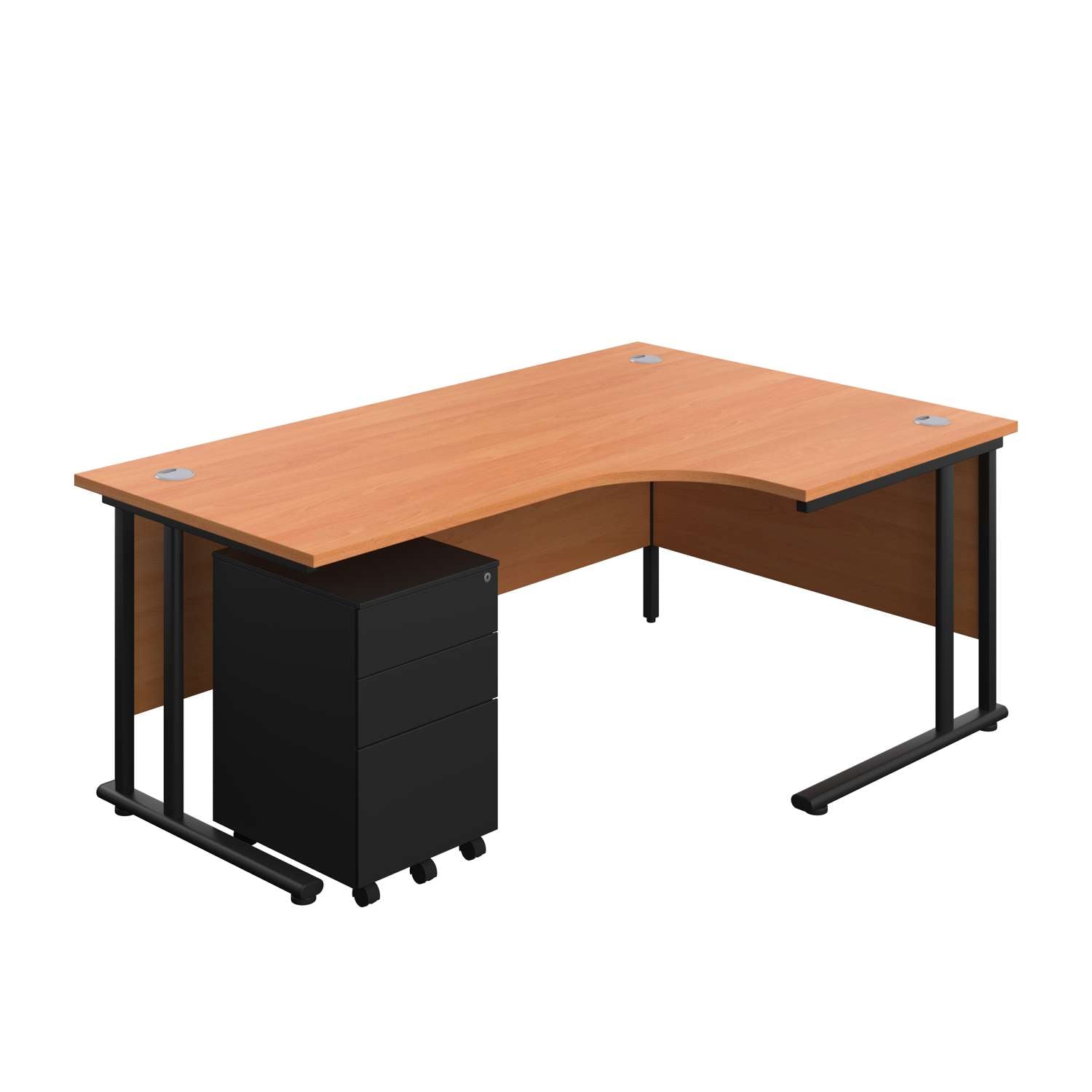 Twin Upright Right Hand Radial Desk + Under Desk Steel Pedestal 3 Drawers (FSC) | 1800X1200 | Beech/Black
