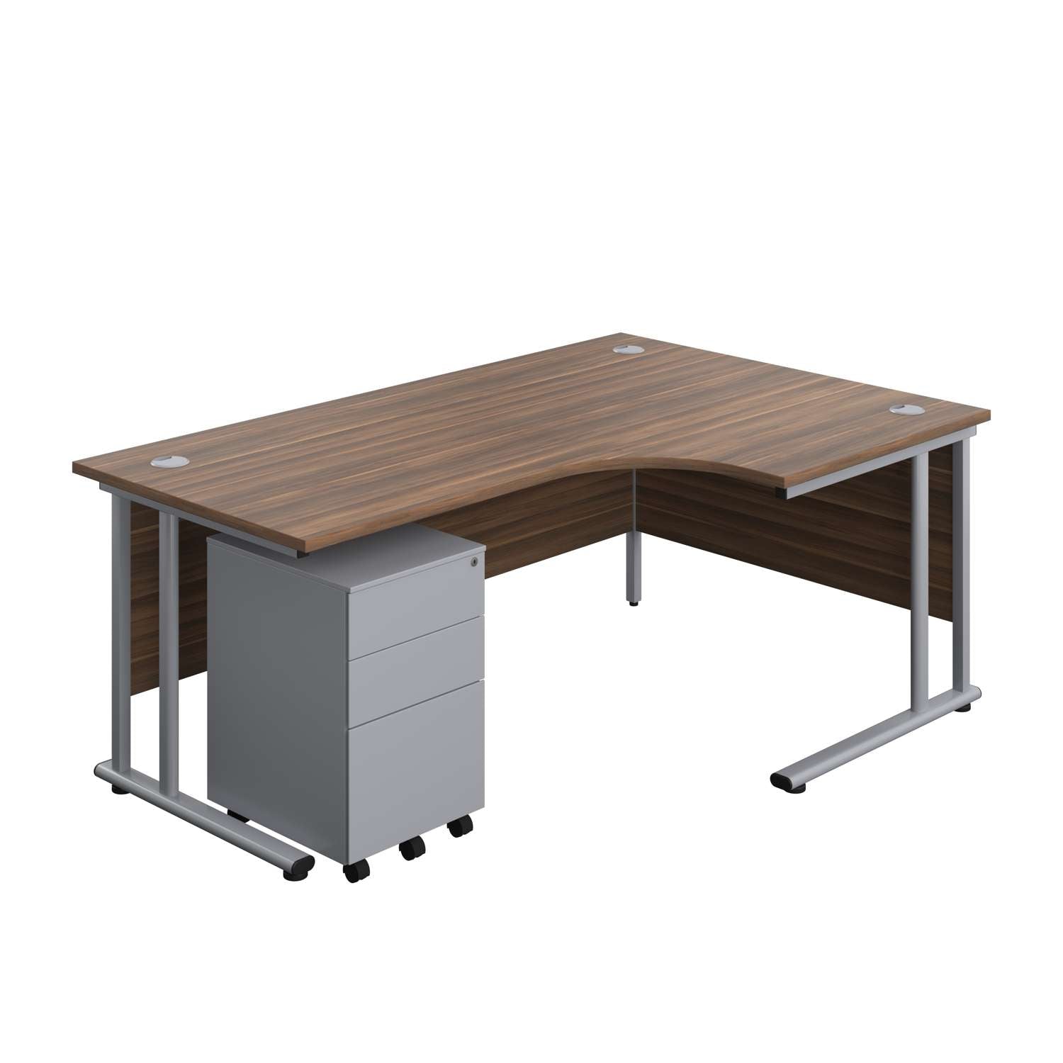 Twin Upright Right Hand Radial Desk + Under Desk Steel Pedestal 3 Drawers (FSC) | 1800X1200 | Dark Walnut/Silver