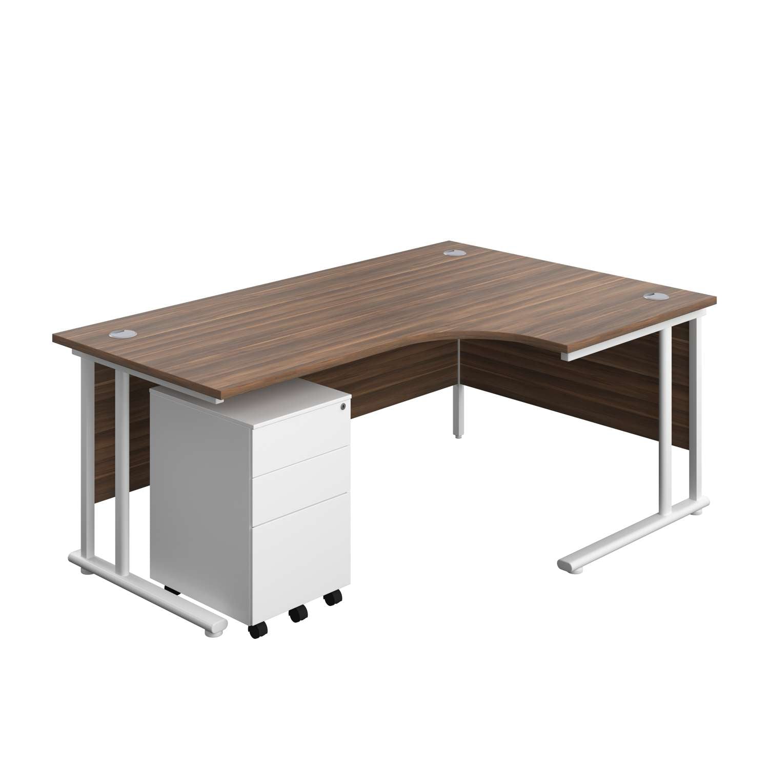 Twin Upright Right Hand Radial Desk + Under Desk Steel Pedestal 3 Drawers (FSC) | 1800X1200 | Dark Walnut/White