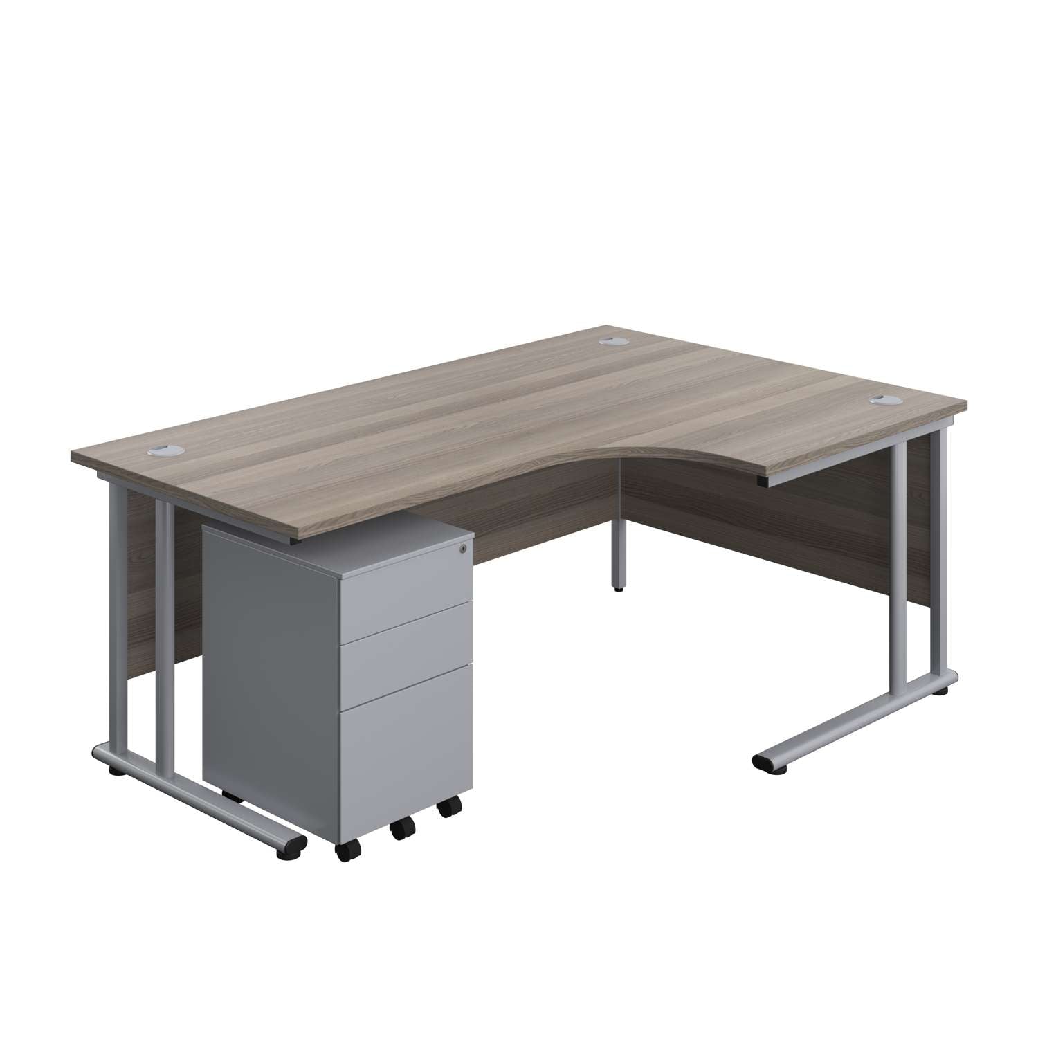 Twin Upright Right Hand Radial Desk + Under Desk Steel Pedestal 3 Drawers (FSC) | 1800X1200 | Grey Oak/Silver