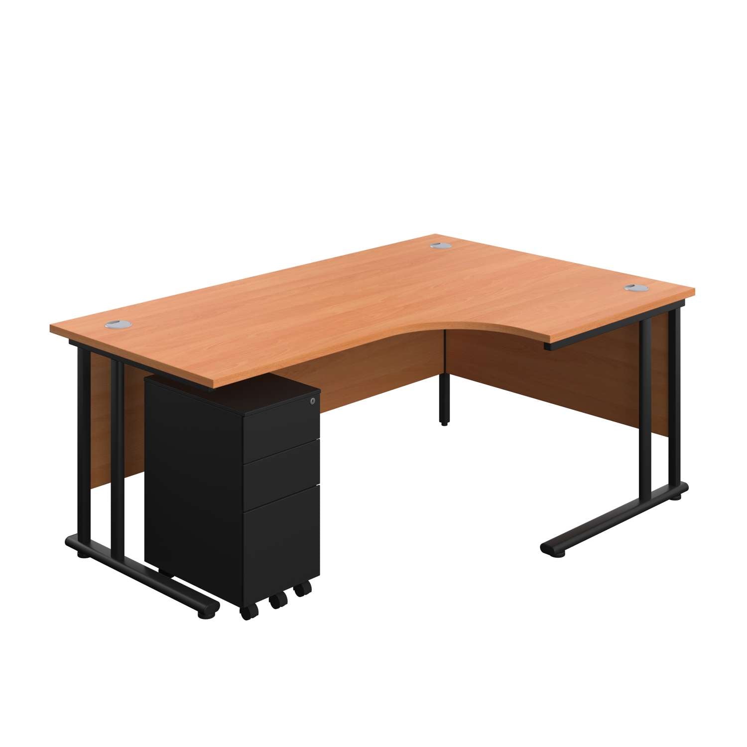 Twin Upright Right Hand Radial Desk + Slimline Steel Pedestal 3 Drawers (FSC) | 1800X1200 | Beech/Black