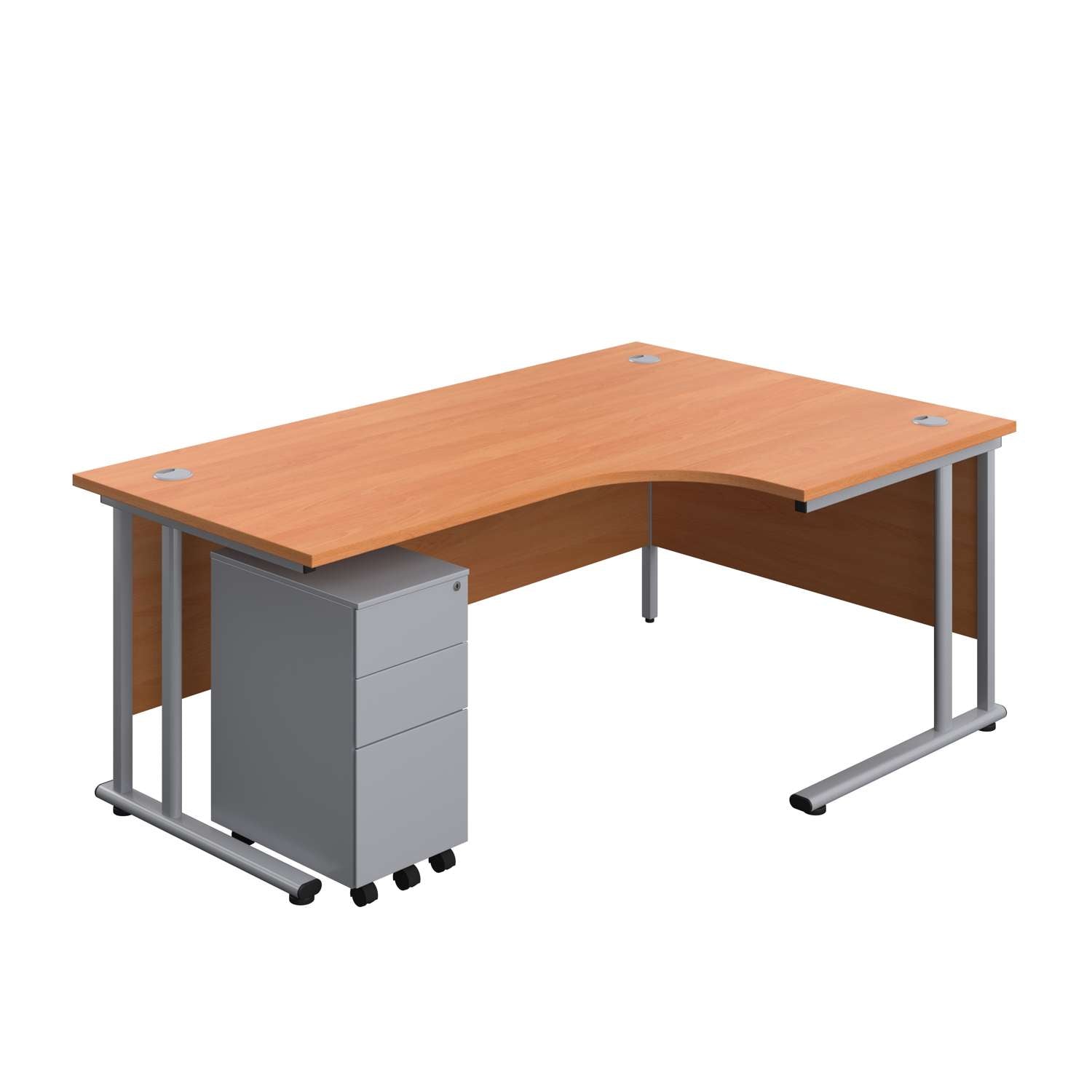 Twin Upright Right Hand Radial Desk + Slimline Steel Pedestal 3 Drawers (FSC) | 1800X1200 | Beech/Silver