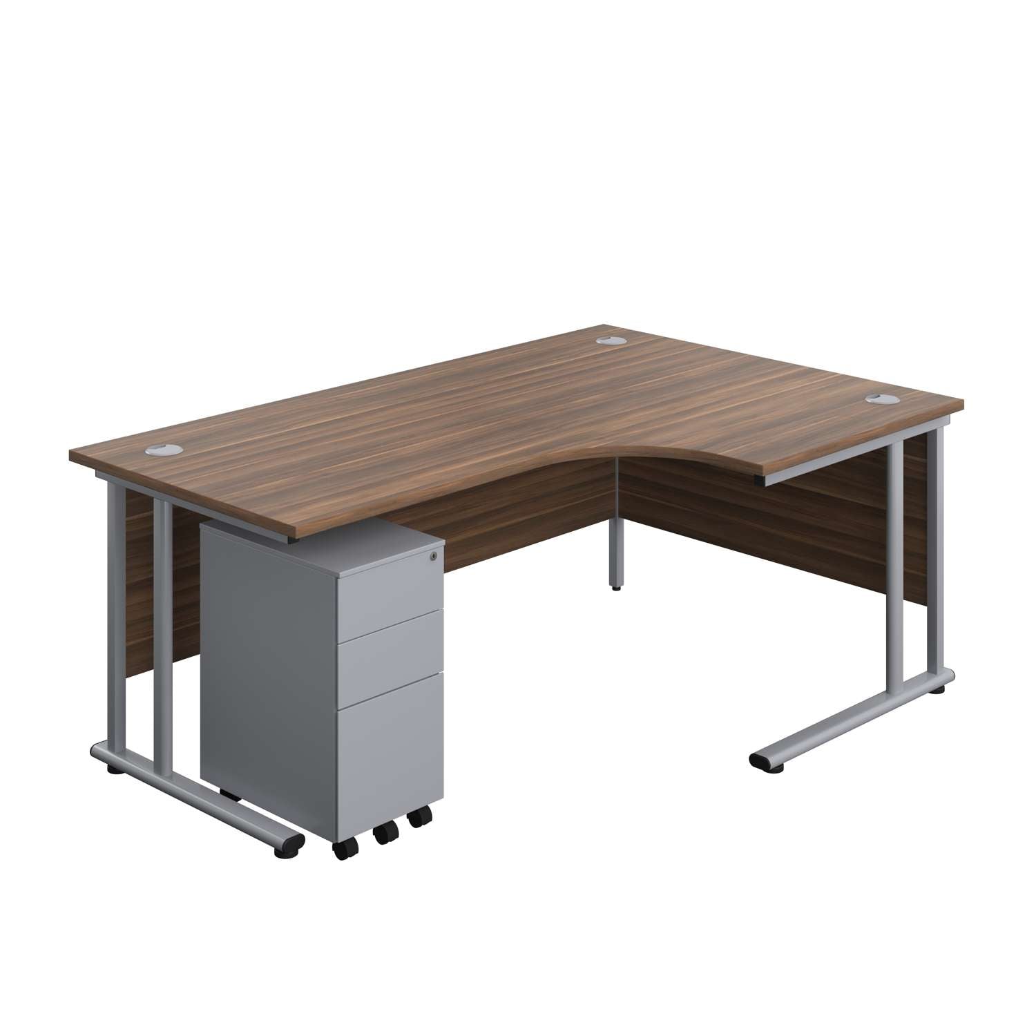 Twin Upright Right Hand Radial Desk + Slimline Steel Pedestal 3 Drawers (FSC) | 1800X1200 | Dark Walnut/Silver
